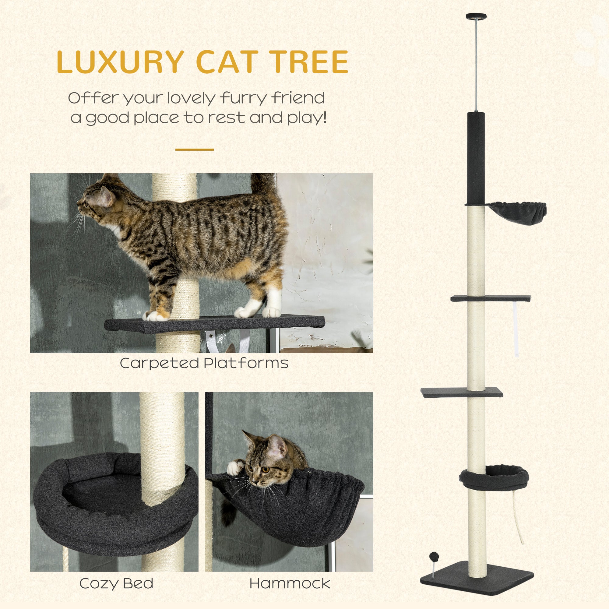 PawHut 240-270cm Floor-To-Ceiling Cat Tree, 5 Tier Cat Climbing Tower, with Bed, Hammock, Platforms, Black and Cream - North Peak Garden Furniture