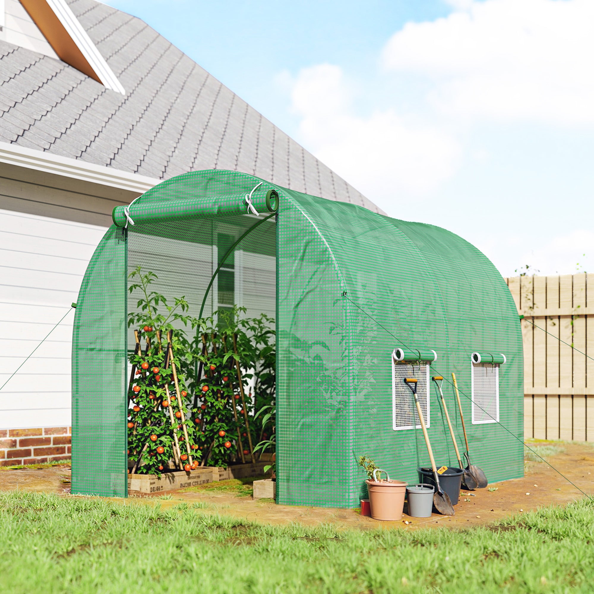 Outsunny Reinforced Walk in Polytunnel Greenhouse with Roll Up Door, Galvanised Steel Frame and Zipped Door Windows, 2.5 x 2 m