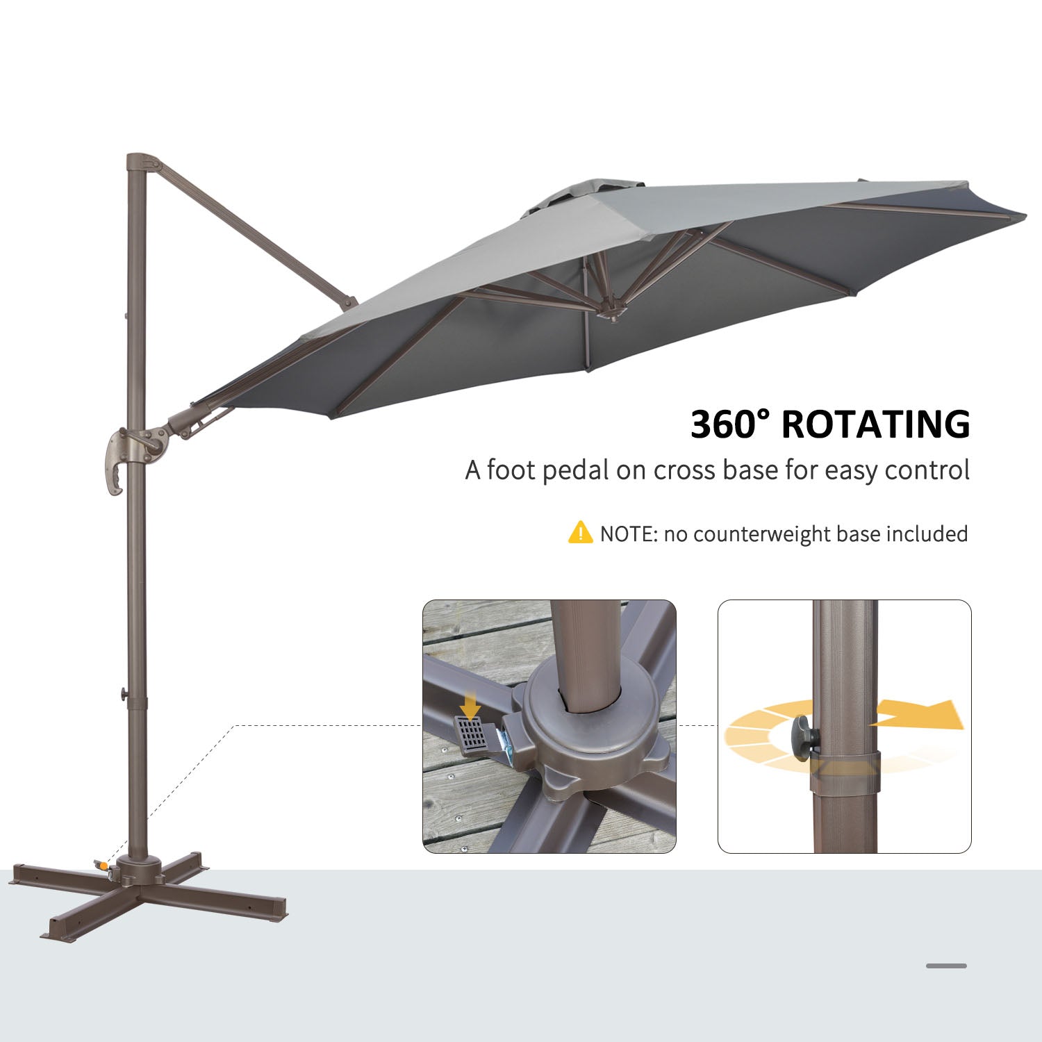 Outsunny 3(m) Cantilever Parasol 360° Rotation Roma Umbrella Hanging Sun Shade with Aluminium Frame, Tilt Crank, 8 Ribs and Cross Base, Dark Grey - North Peak Garden Furniture