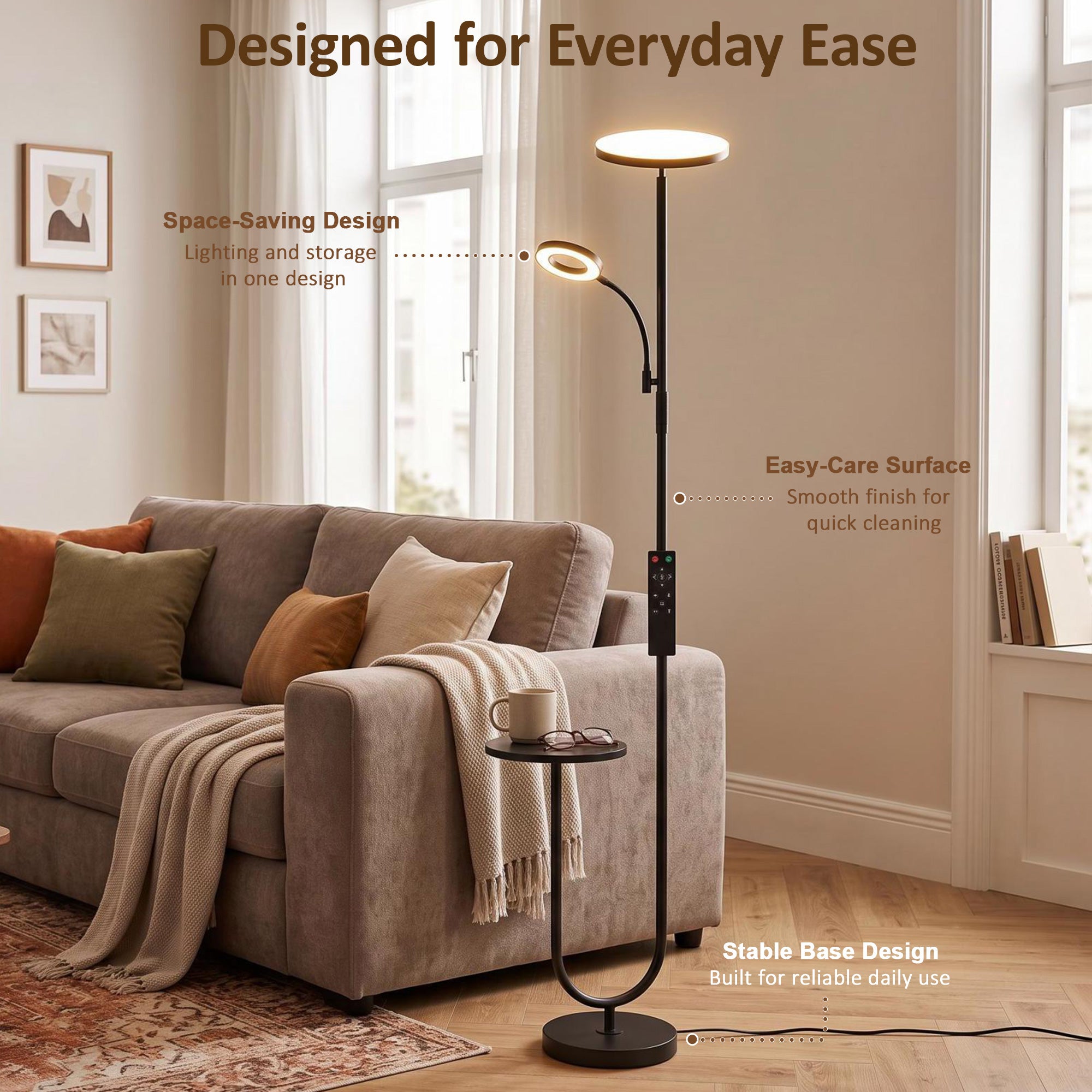 HOMCOM Uplighter Floor Lamp with Table and Reading Light, Dual Light Dimmable Standing Lamp with Remote & 4 Colour Temperatures
