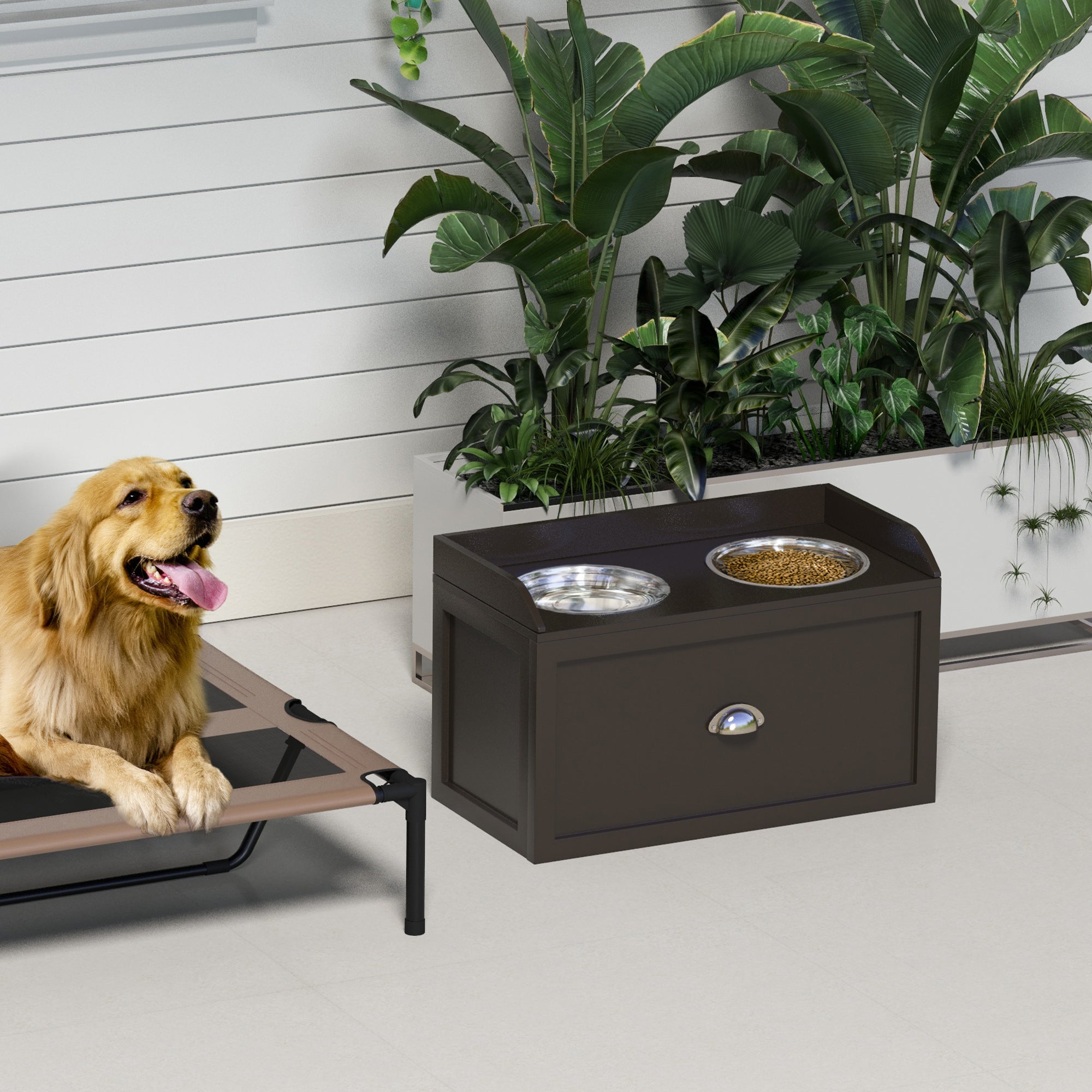 PawHut Stainless Steel Raised Dog Bowls, with 21L Storage Drawer for Large Dogs - Brown - North Peak Garden Furniture