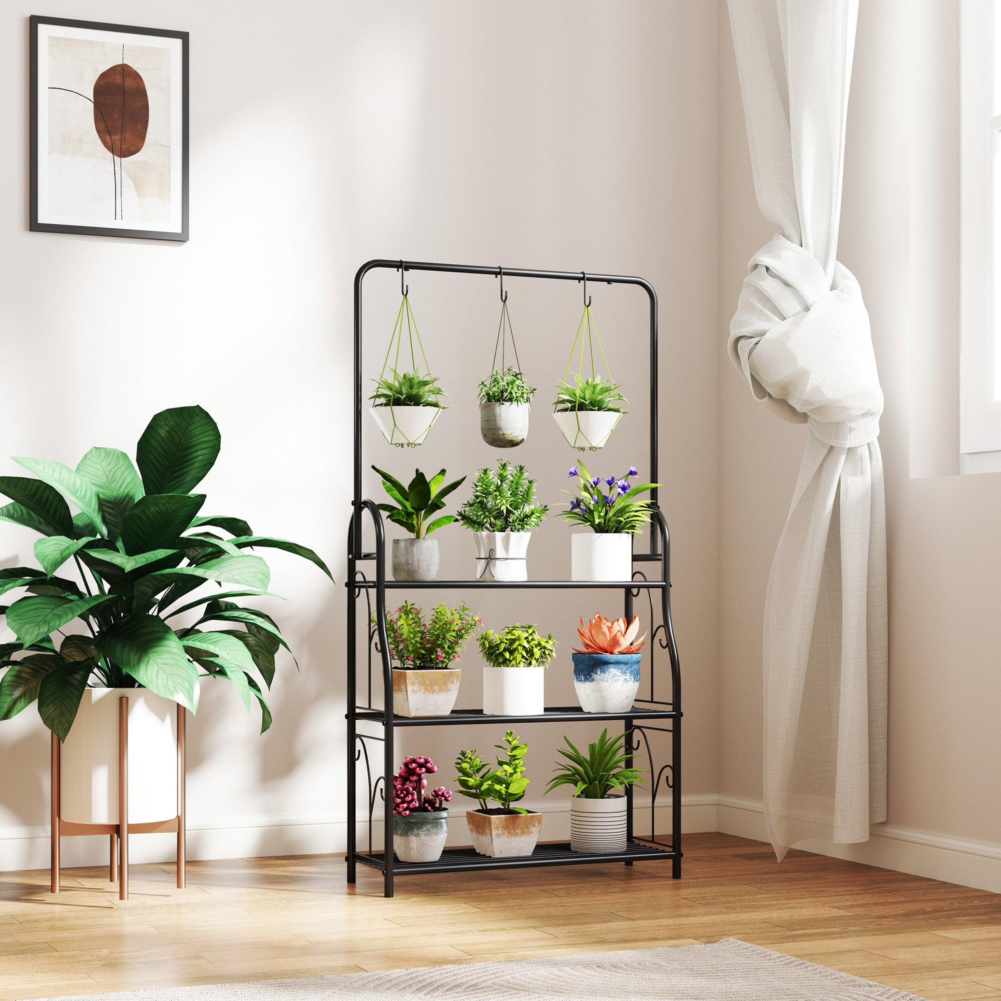 Outsunny 3 Tier Plant Stand with Hanging Rod and Hooks, Metal Plant Rack Shelf, Ladder Flower Pot for Indoor Outdoor Porch Balcony Living Room Bedroom, Black - North Peak Garden Furniture