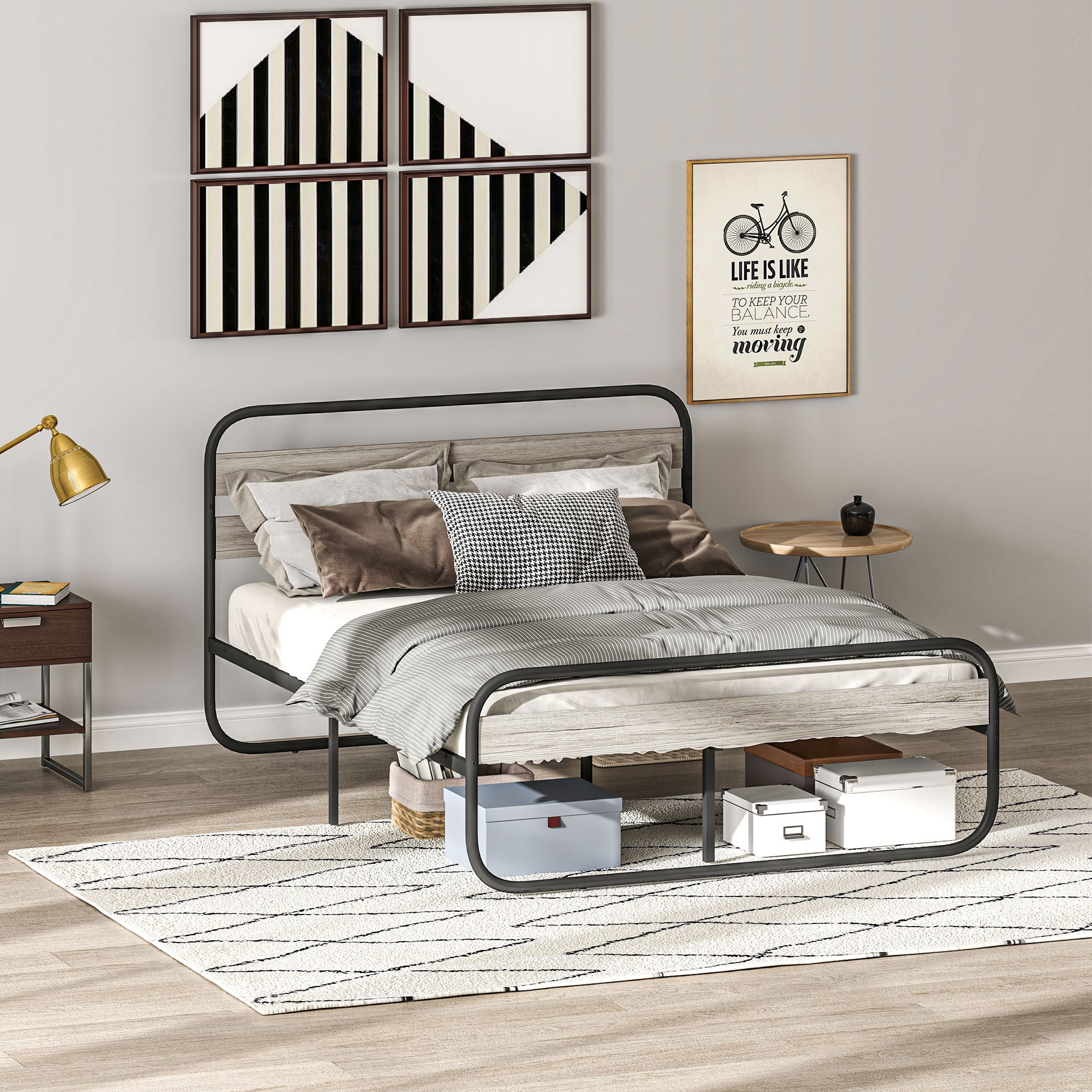 HOMCOM 4ft6 Double Bed Frame, Industrial Style Metal Platform Bed Frame with Under Bed Storage, No Box Spring Needed, Easy Assembly, Grey - North Peak Garden Furniture