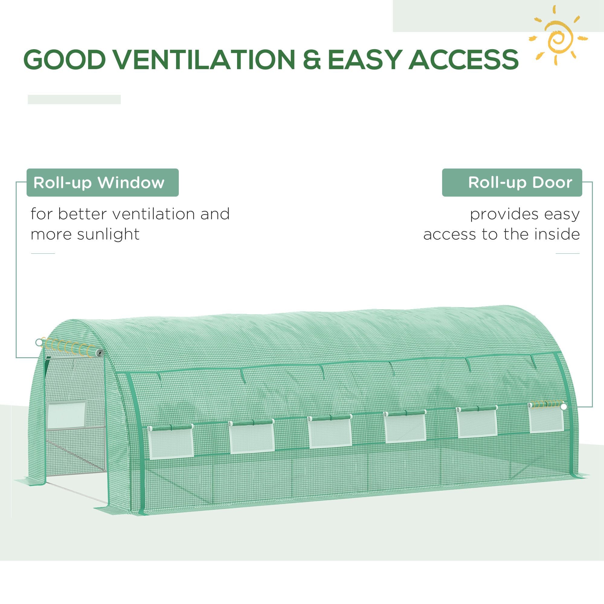 Outsunny Polytunnel Greenhouse Walk-in Grow House Tent with Roll-up Sidewalls, Zipped Door and 12 Windows, 6x3x2m Green - North Peak Garden Furniture