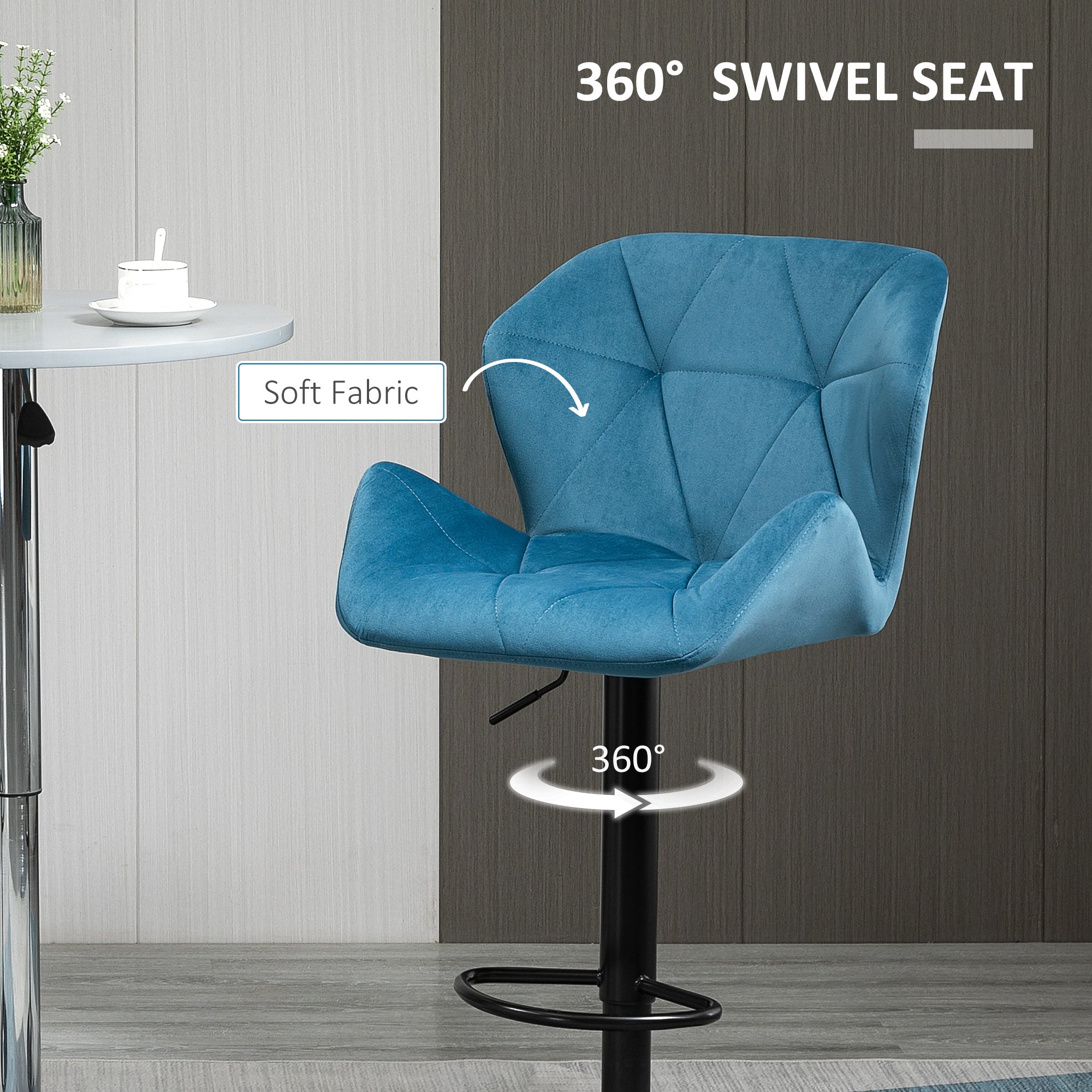 HOMCOM Bar Stools Set Of 2, Luxurious Velvet-Touch Barstools with Metal Frame Footrest Round Base Triangle Indenting Moulded Seat Adjustable Height Swivel Blue - North Peak Garden Furniture