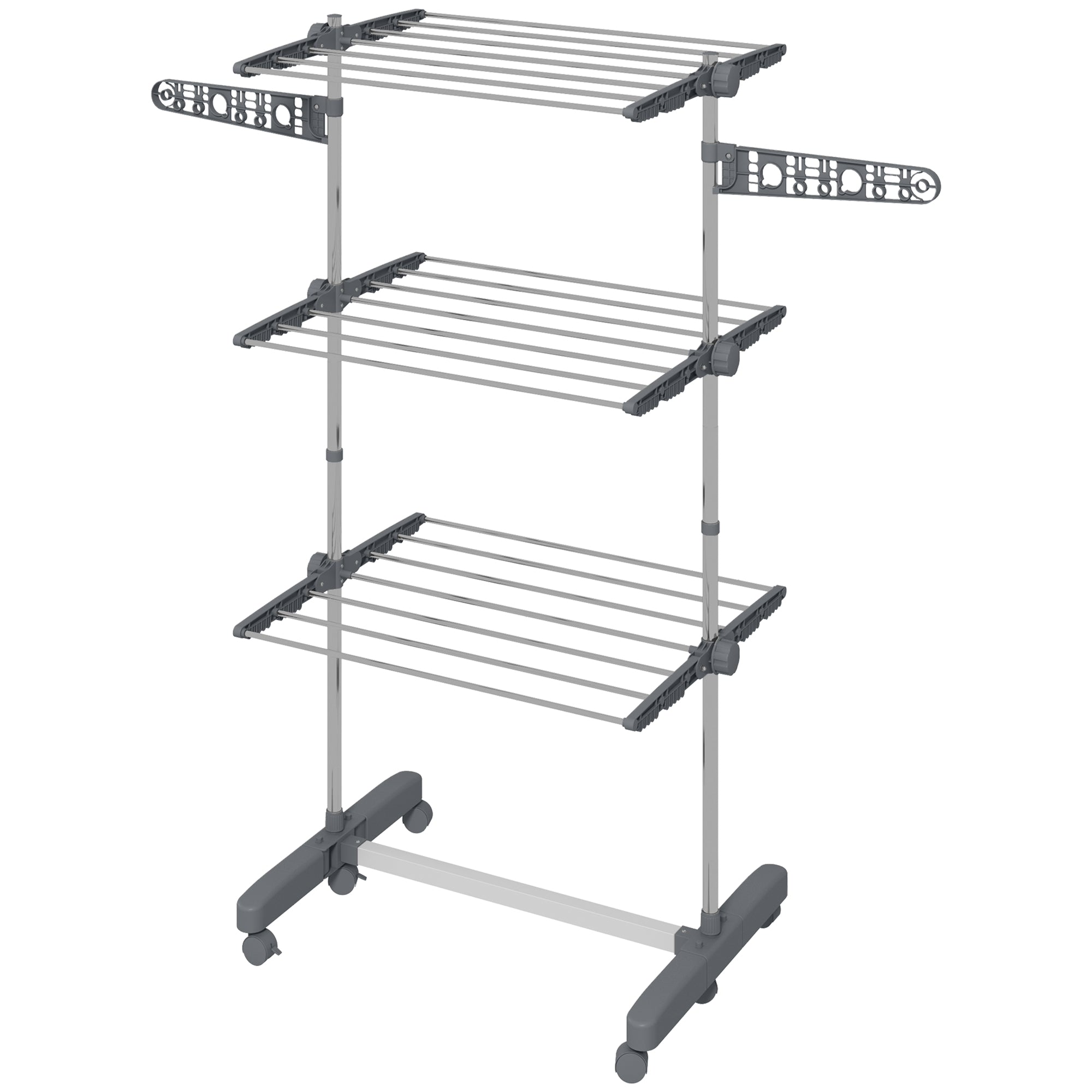 HOMCOM Three-Shelf Collapsing Clothes Horse, With Side Arms and Wheels - Grey