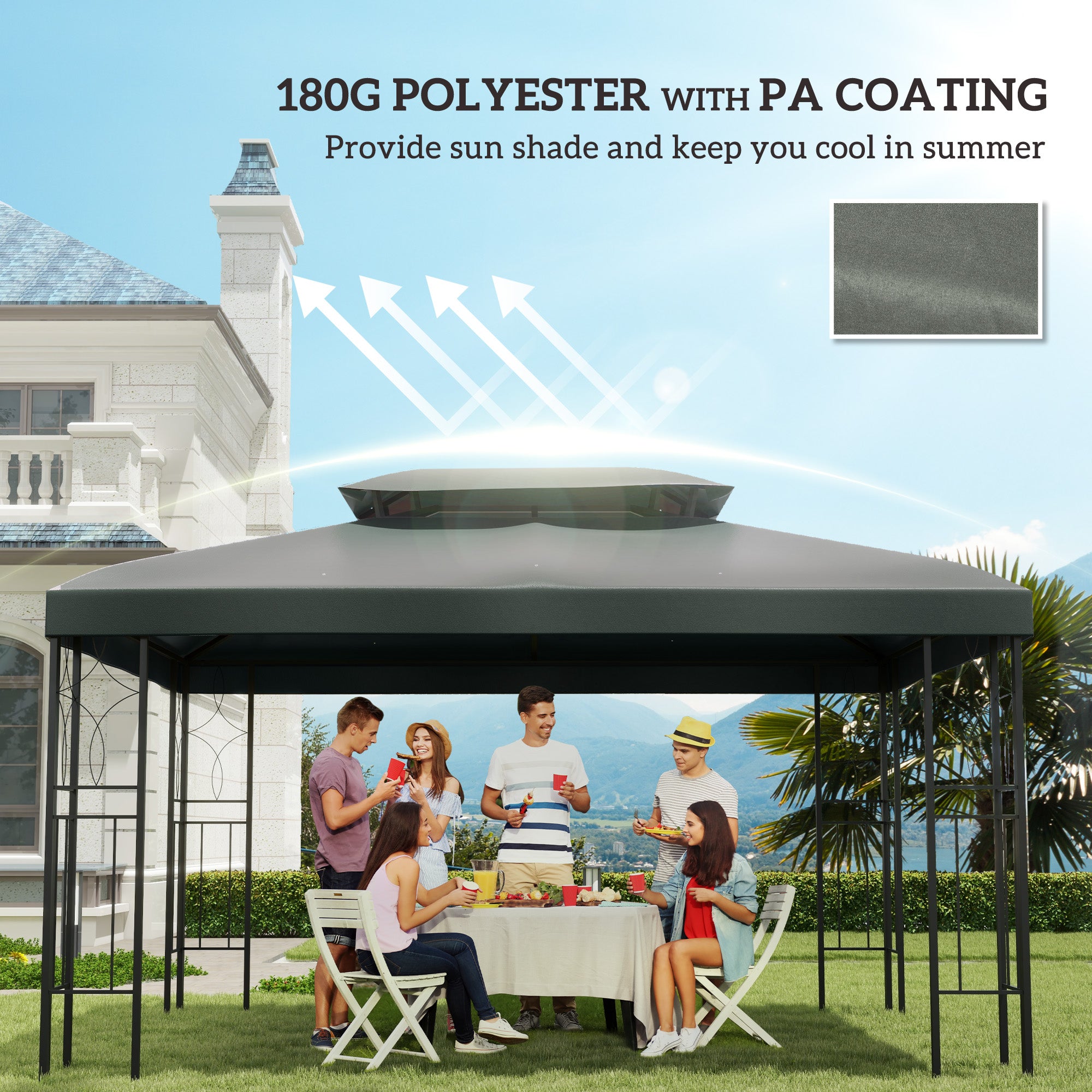 Outsunny 3x4m Gazebo Canopy Replacement Cover, 2 Tier Top Roof UV Cover Garden Patio Outdoor Sun Awning Shelters, Deep Grey (TOP COVER ONLY) - North Peak Garden Furniture