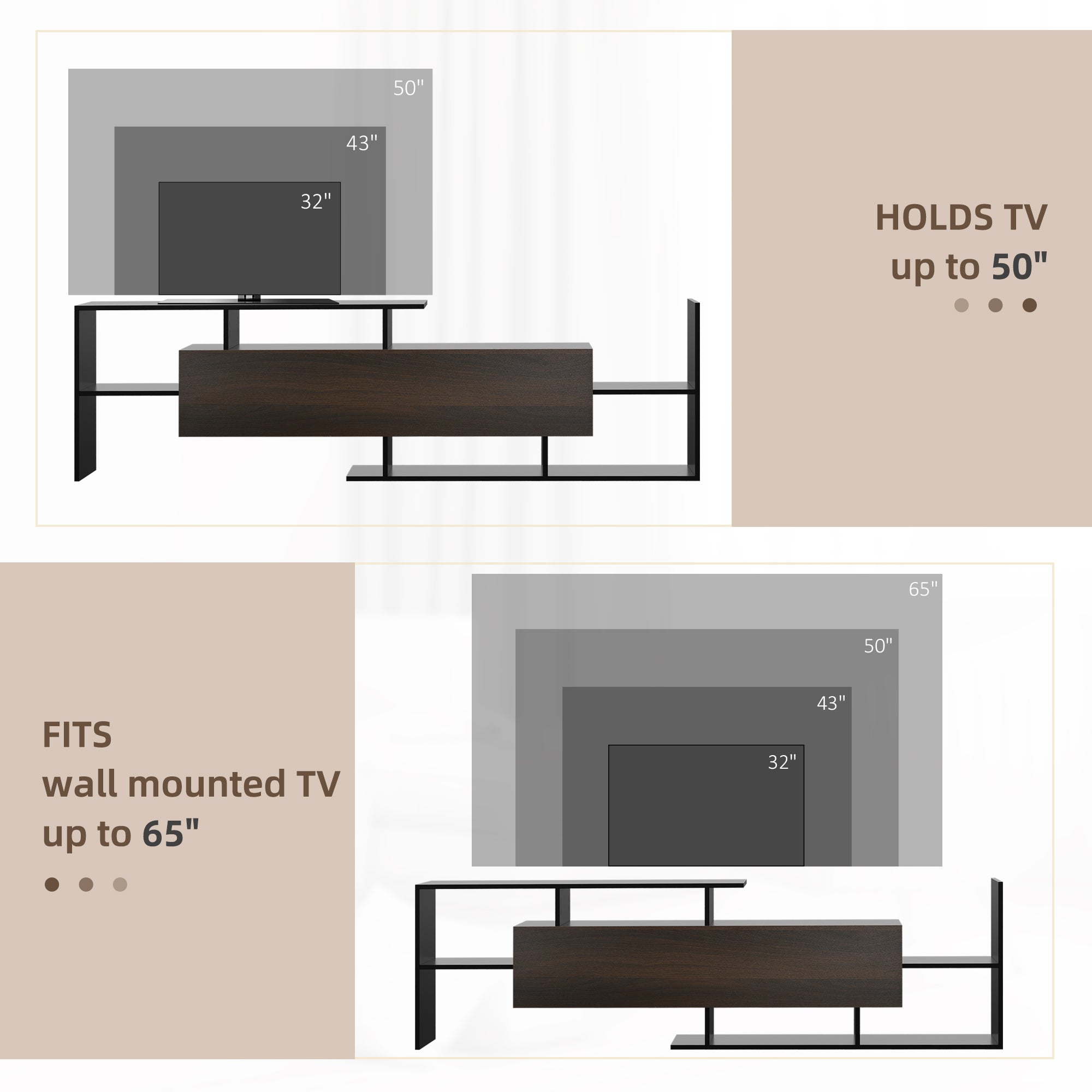 HOMCOM Modern TV Cabinet with Wall Shelf, TV Unit with Storage Shelf and Cabinet, for Wall-Mounted 65" TVs or Standing 40" TVs, Black and Dark Brown