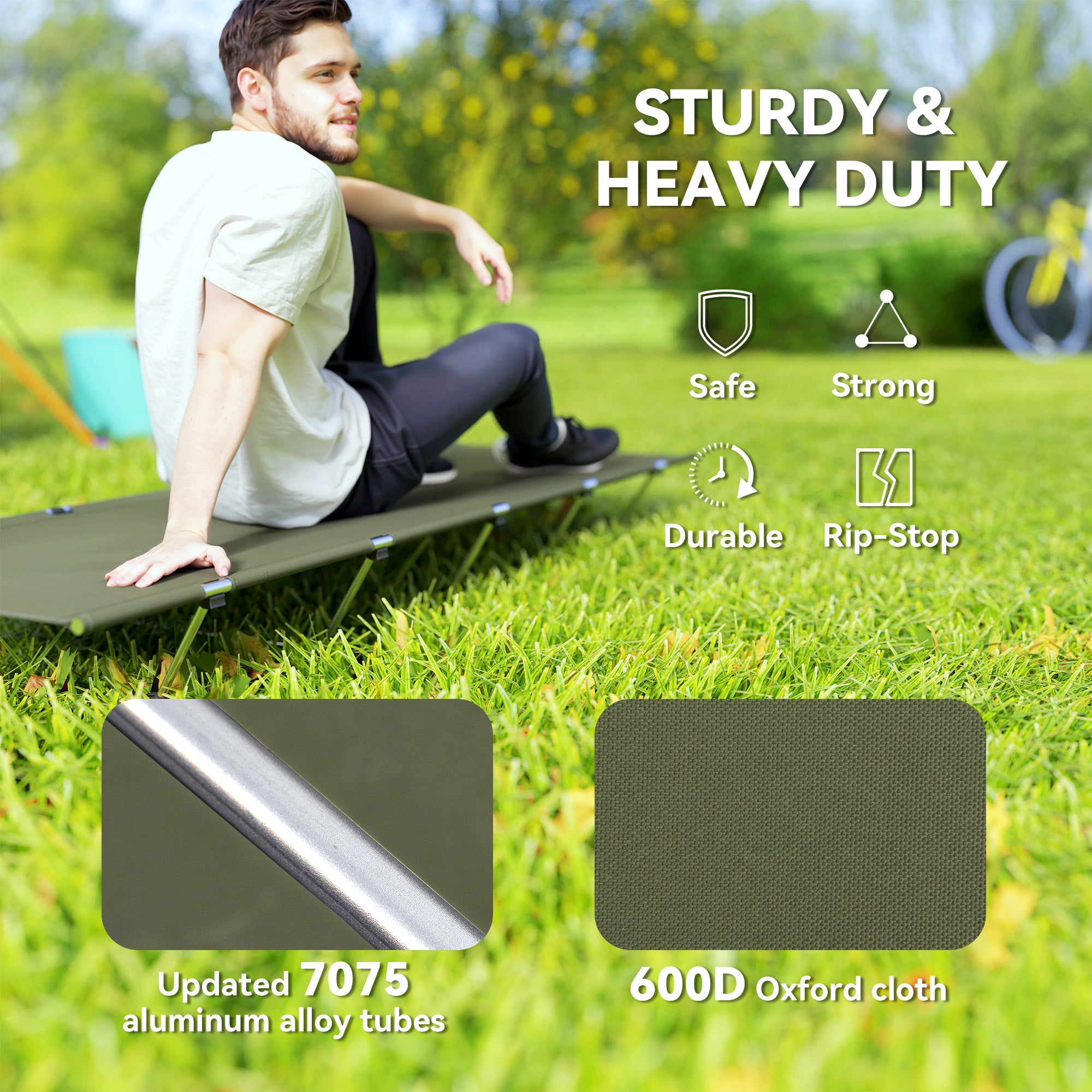 Outsunny Lightweight Camping Bed, Aluminium Portable Camp Cot w/ Strong Support 150kg and Carry Bag for Camping, Dark Green - North Peak Garden Furniture