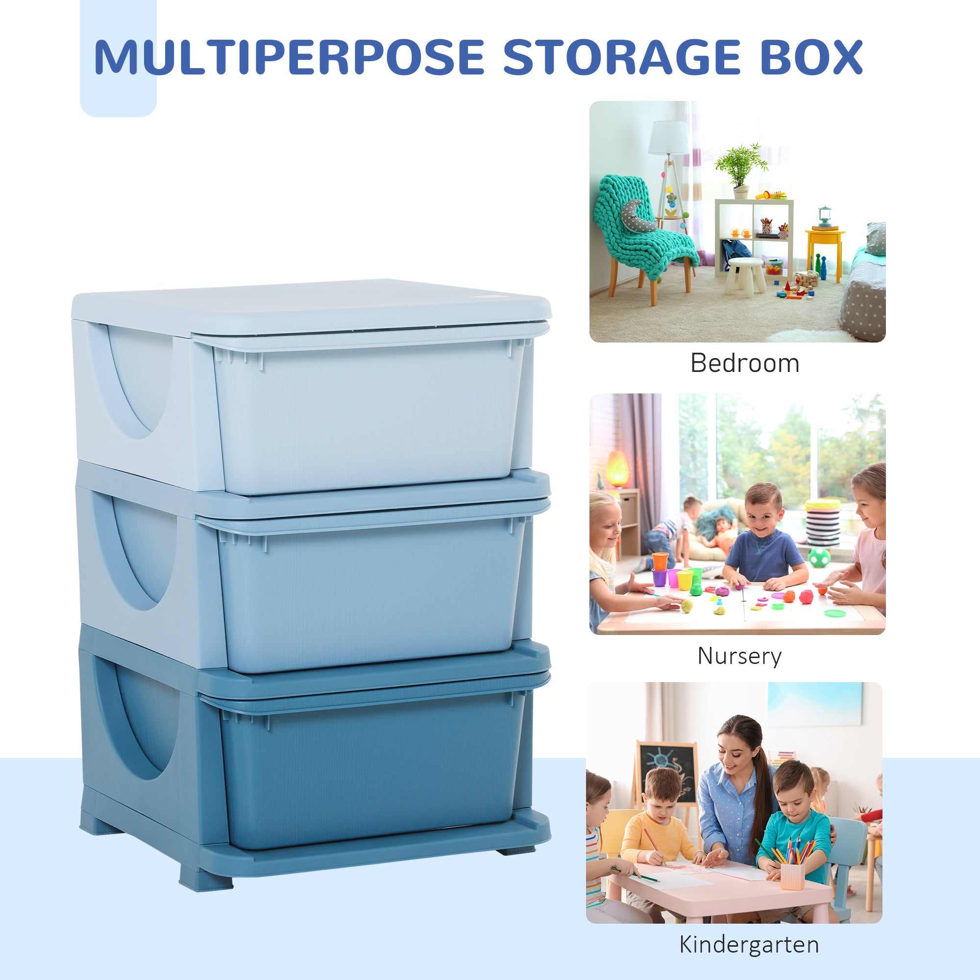 HOMCOM Kids Storage Units with 3 Drawers 3 Tier Chest Vertical Dresser Tower Toy Organizer for Nursery Playroom Kindergarten Blue - North Peak Garden Furniture