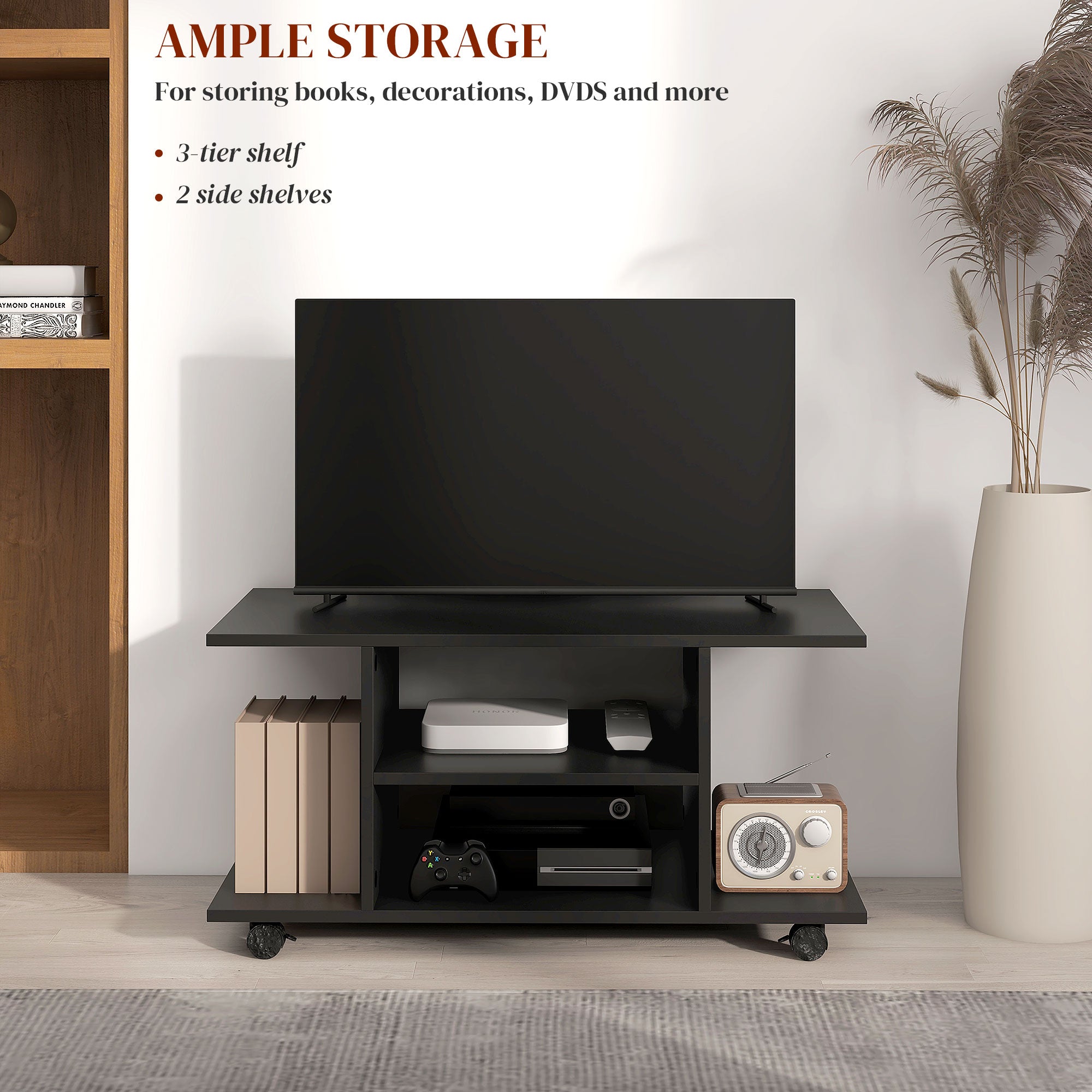 HOMCOM Modern TV Cabinet Stand Storage Shelves Table Mobile Bedroom Furniture Bookshelf Bookcase Black - North Peak Garden Furniture