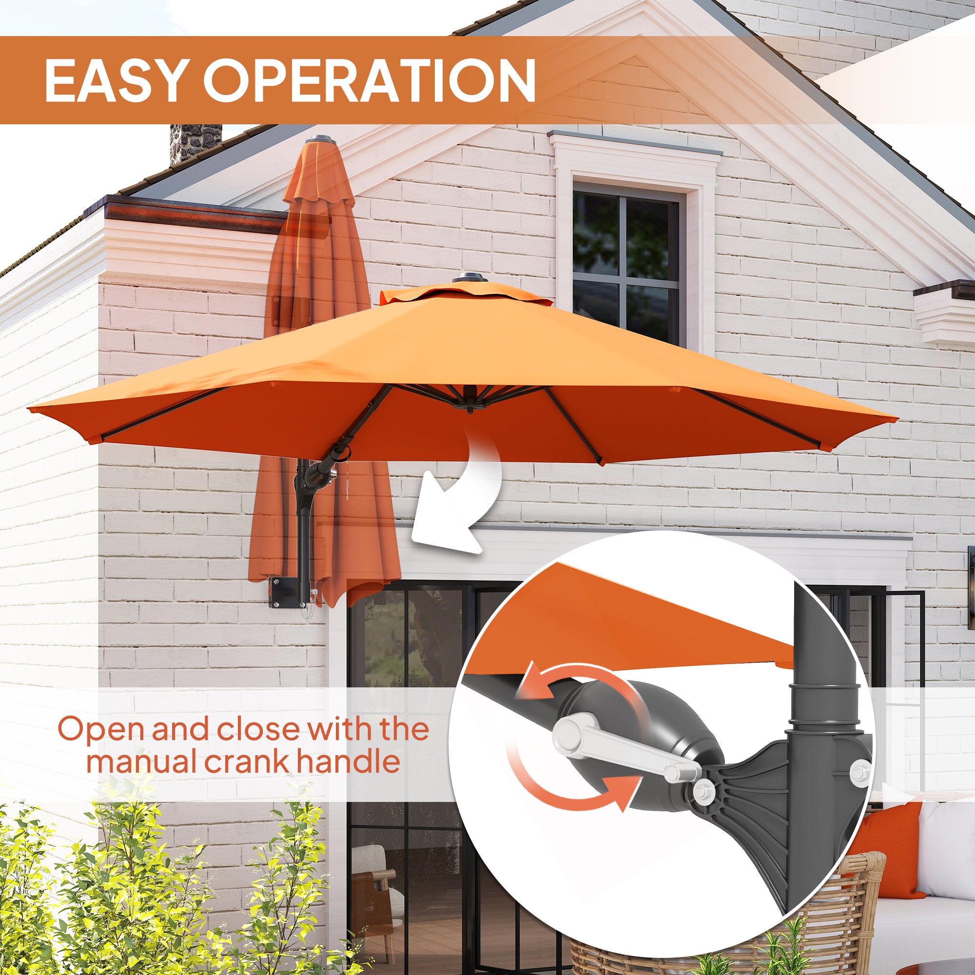 Outsunny 3(m) Wall-Mounted Parasol Shade, with Handle - Orange - North Peak Garden Furniture