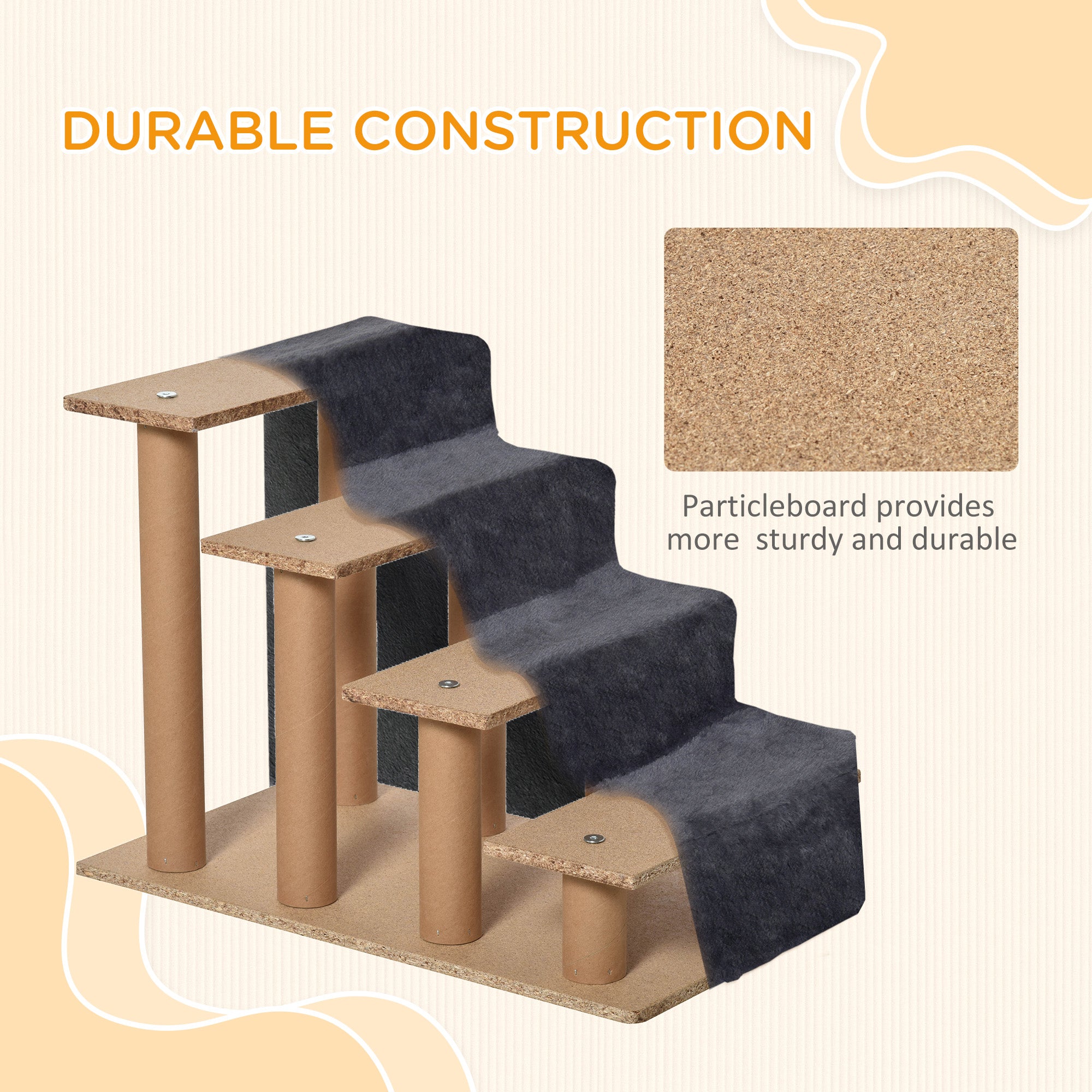 PawHut Four-Step Dog Stairs, with Washable Plush Cover, for High Bed Sofa, Dog Stairs for Small Dog and Cat - Dark Grey - North Peak Garden Furniture