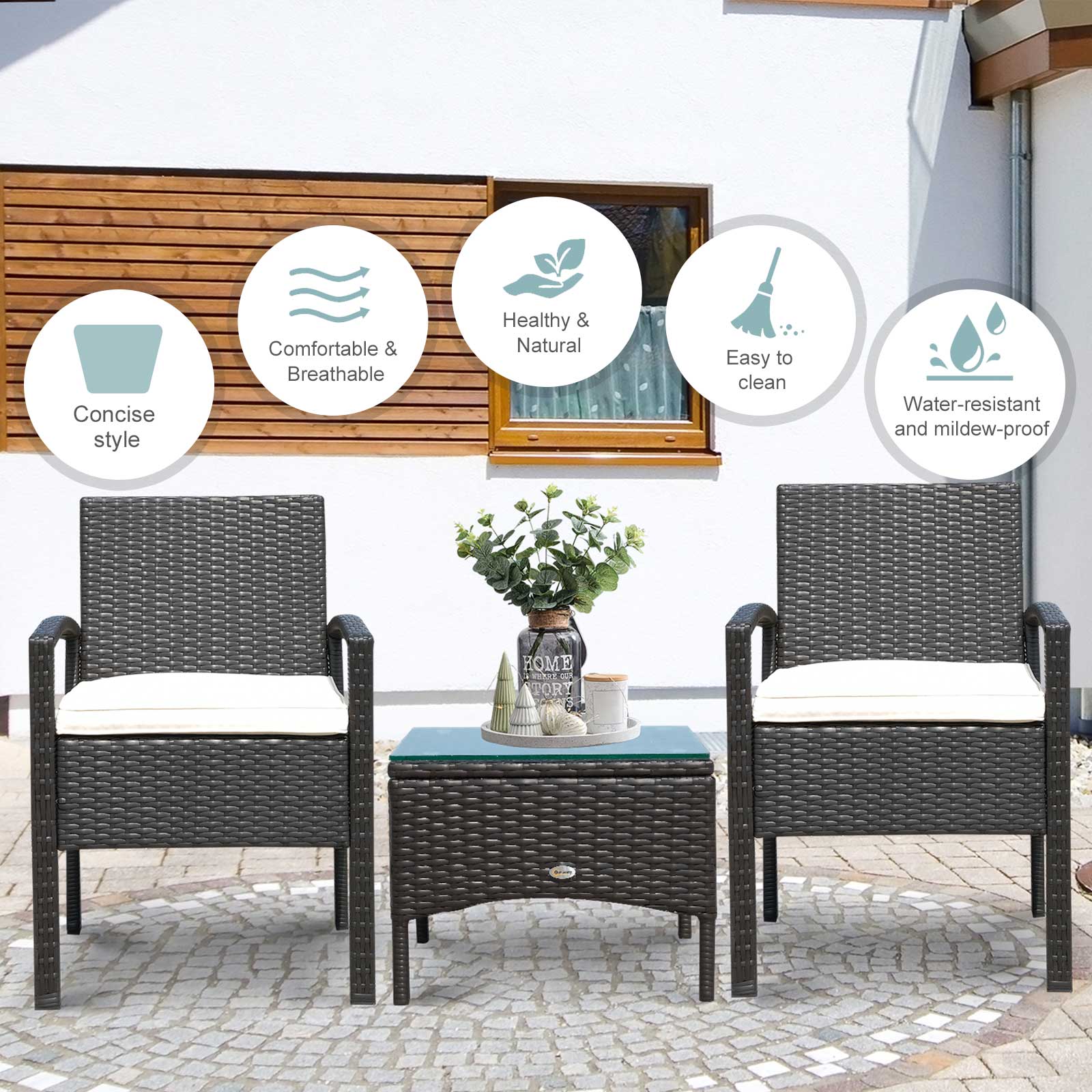 Outsunny Rattan Retreat: 2-Seater Wicker Sofa Set for Alfresco Lounging, Steel-Framed Bistro Elegance, Earthy Brown