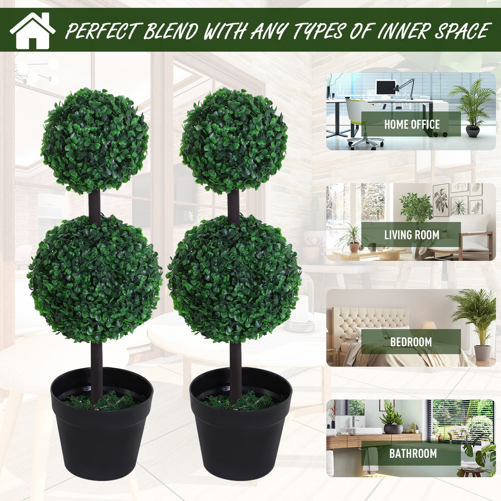 Outsunny Set of 2 Artificial Boxwood Ball Topiary Trees Potted Decorative Plant Outdoor and Indoor Décor (67cm) - North Peak Garden Furniture