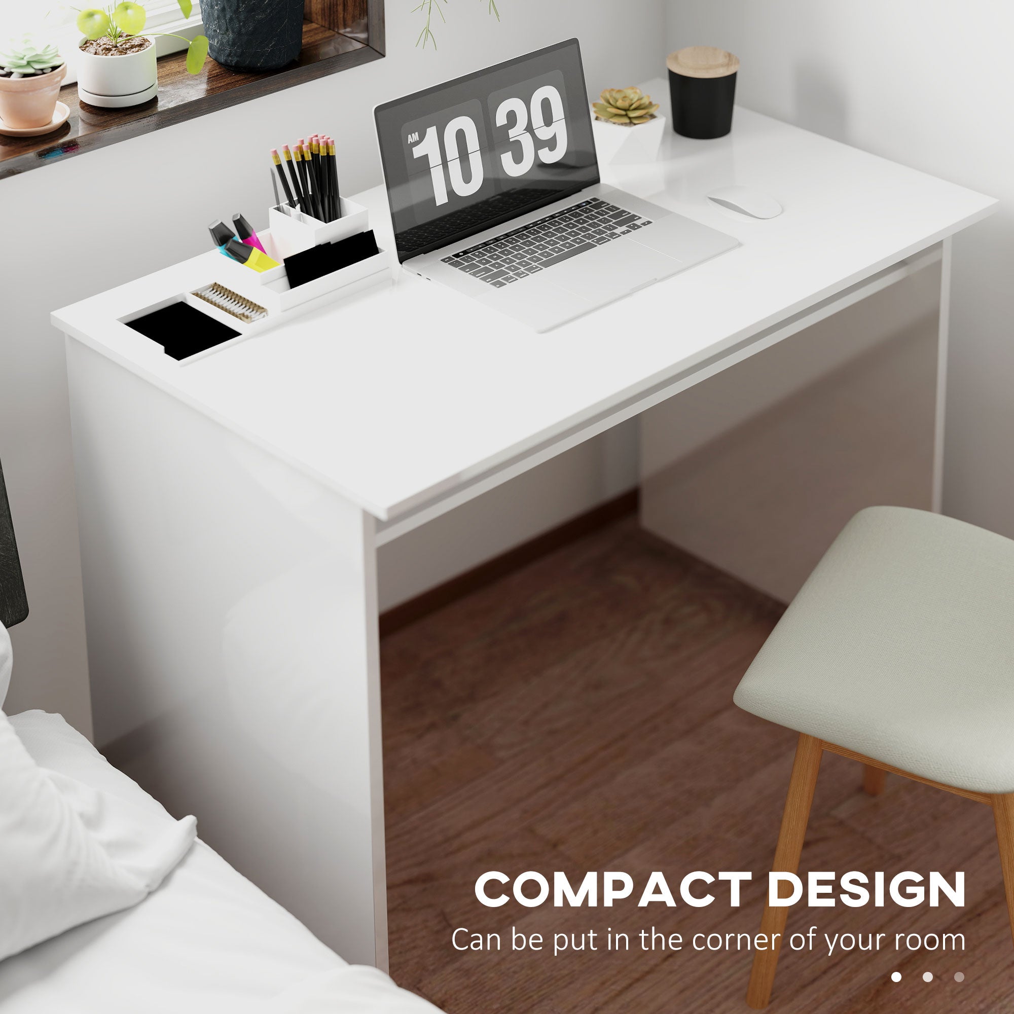 HOMCOM 90 x 50cm Computer Table, Modern Home Office Desk, Small Writing Desk with Storage Shelf, High Gloss White - North Peak Garden Furniture