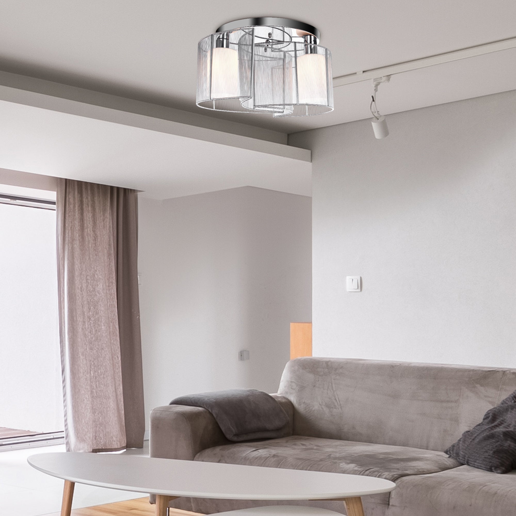 HOMCOM Modern Chandelier, Semi-Flush Mount Ceiling Light with 2 Light, E27 Bulb Base for Hallway, Dining Room, Living Room, White and Silver - North Peak Garden Furniture