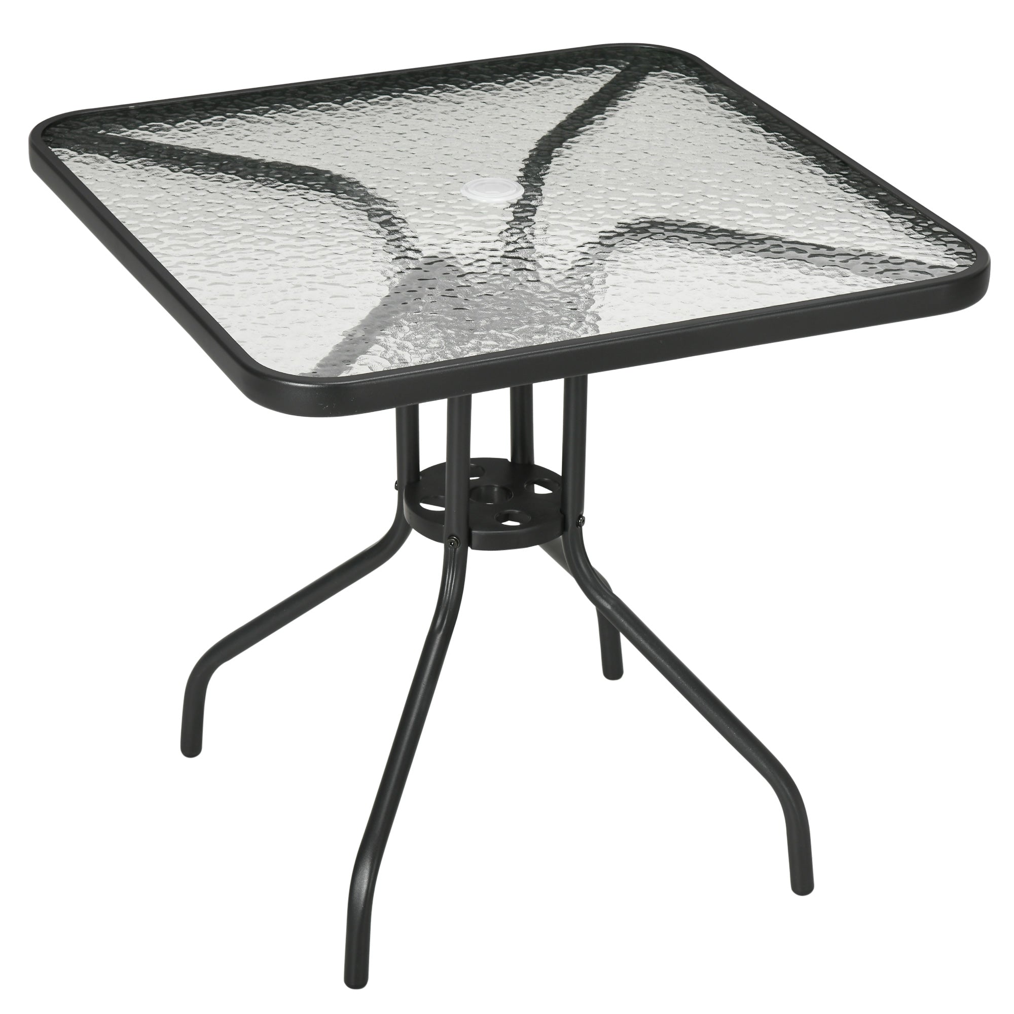 Outsunny Square Patio Table, Tempered Glass Top Bistro Table, Garden Dining Table, Outdoor Accent Coffee Table 76 x 76cm Steel Frame with Umbrella Hole - North Peak Garden Furniture