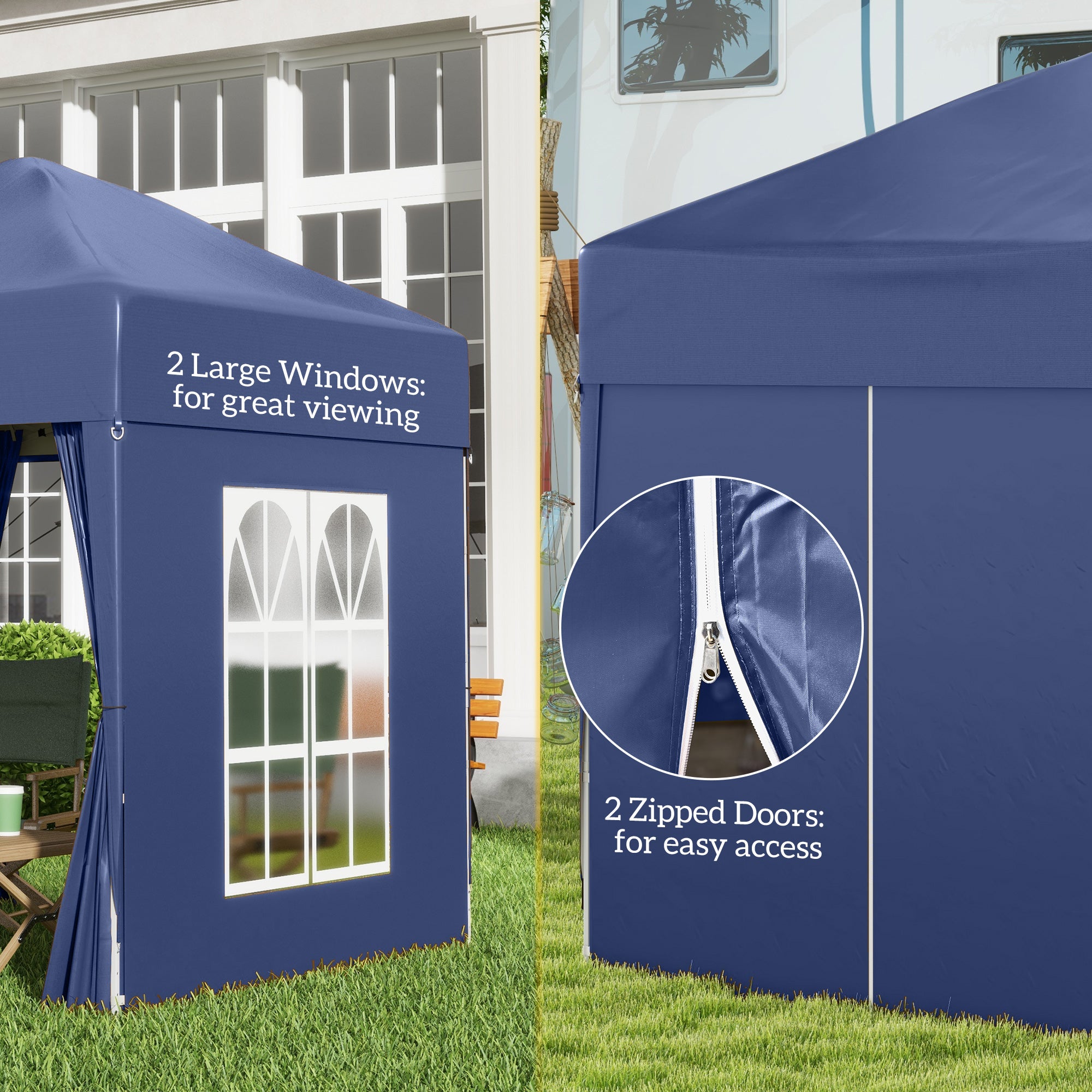 Outsunny 2 x 2 m Garden Pop Up Gazebo, Wedding Party Tent Marquee, Water Resistant Awning Canopy with Sidewalls, Windows, Carry Bag, Blue - North Peak Garden Furniture