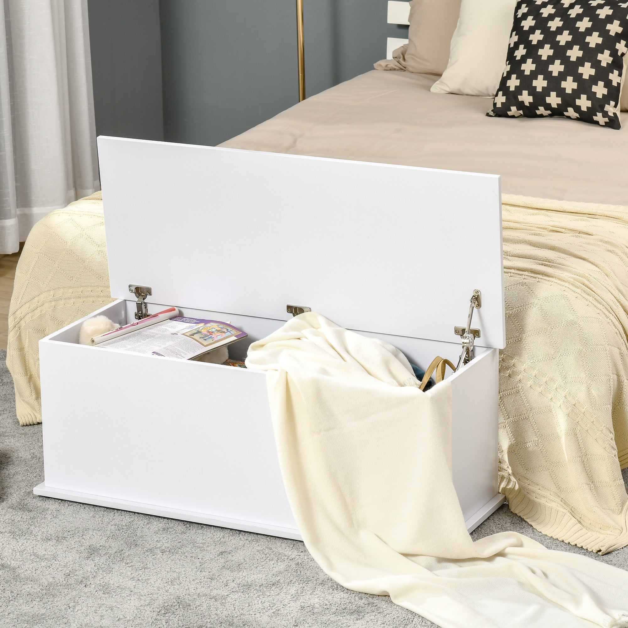 HOMCOM Ottoman Storage Box, Wooden Chest for Toys, Clothes, Bedding, Blanket Trunk with Lid, Seat Bench - White