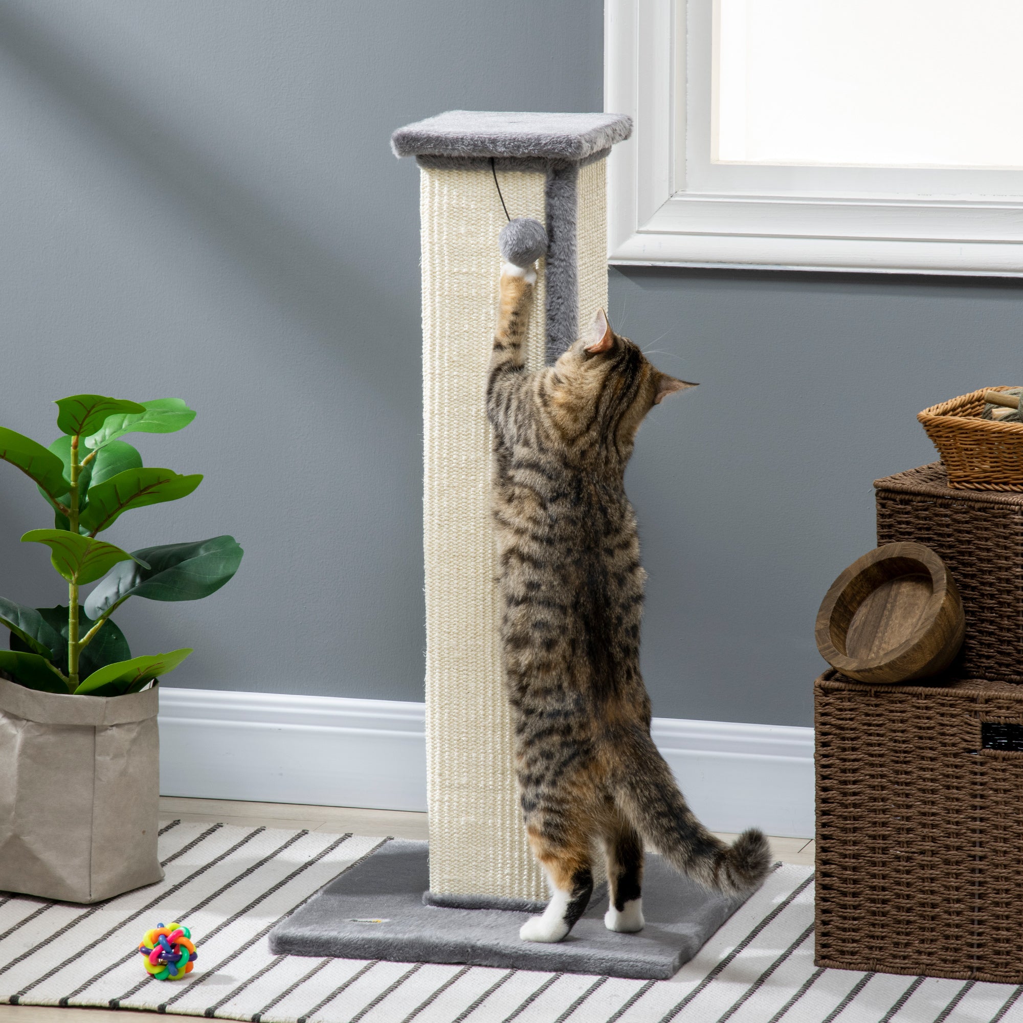 PawHut 81cm Cat Scratcher, Vertical Full Scratcher w/ Natural Sisal Rope, Hanging Ball, Soft Plush - Grey - North Peak Garden Furniture