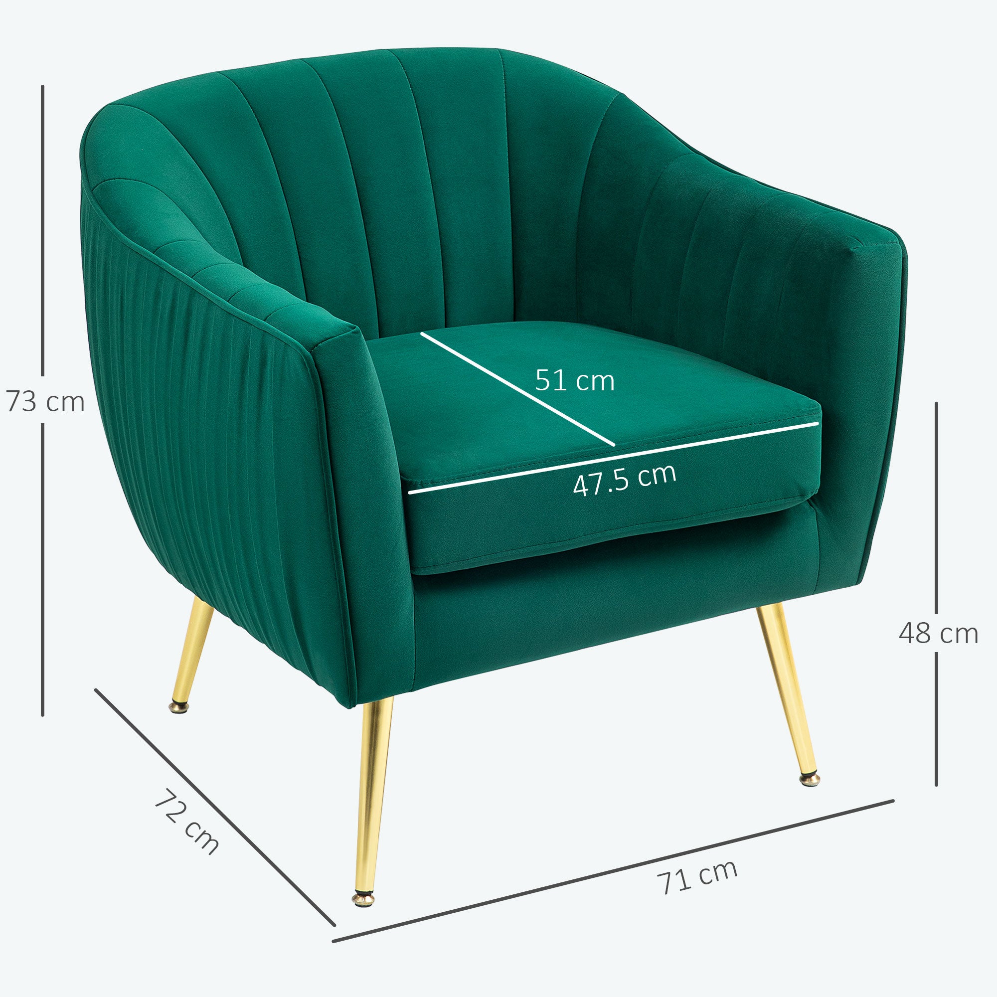 HOMCOM Velvet Tub chair, Luxury Accent Chair with Golden Metal Leg, Comfy Upholstered Armchair with Thick Padded Seat for Living Room, Green - North Peak Garden Furniture