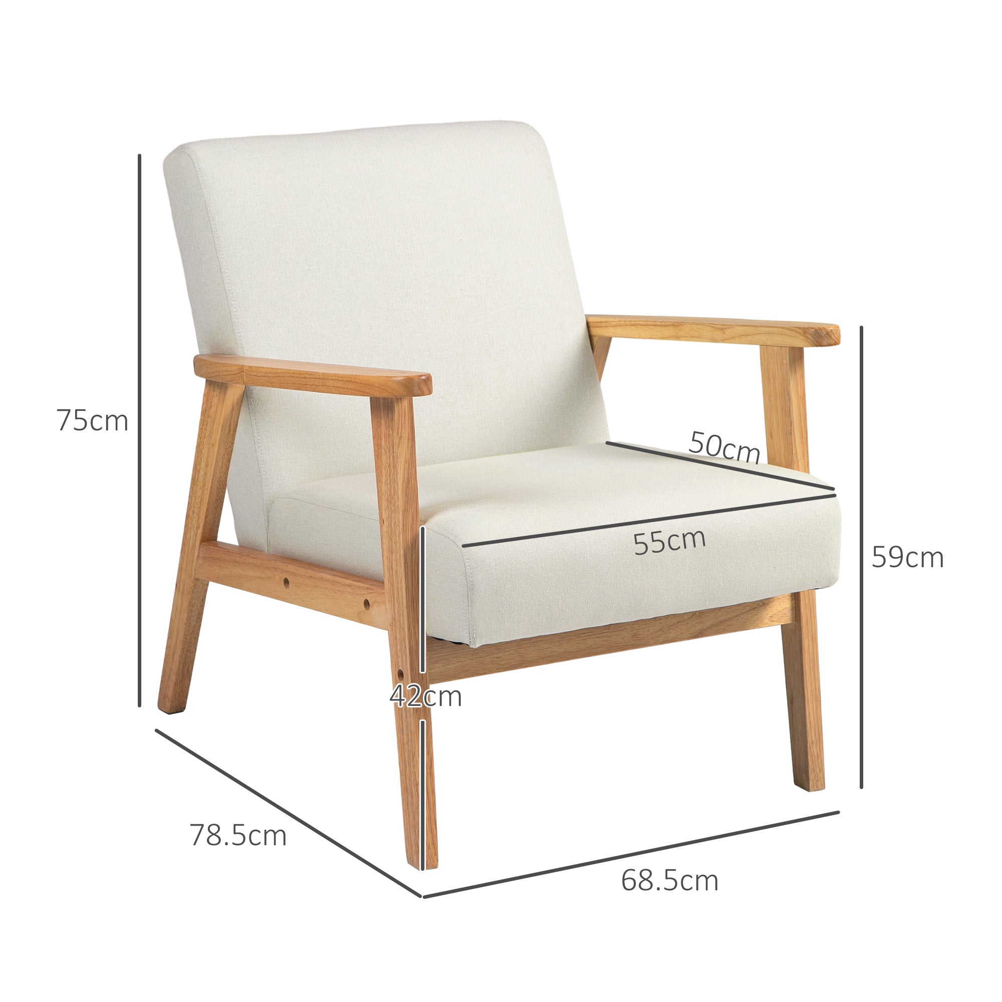 HOMCOM Fabric Accent Chair for Living Room, Arm Chair with Rubber Wood Frame and Padded Cushion, Cream White - North Peak Garden Furniture