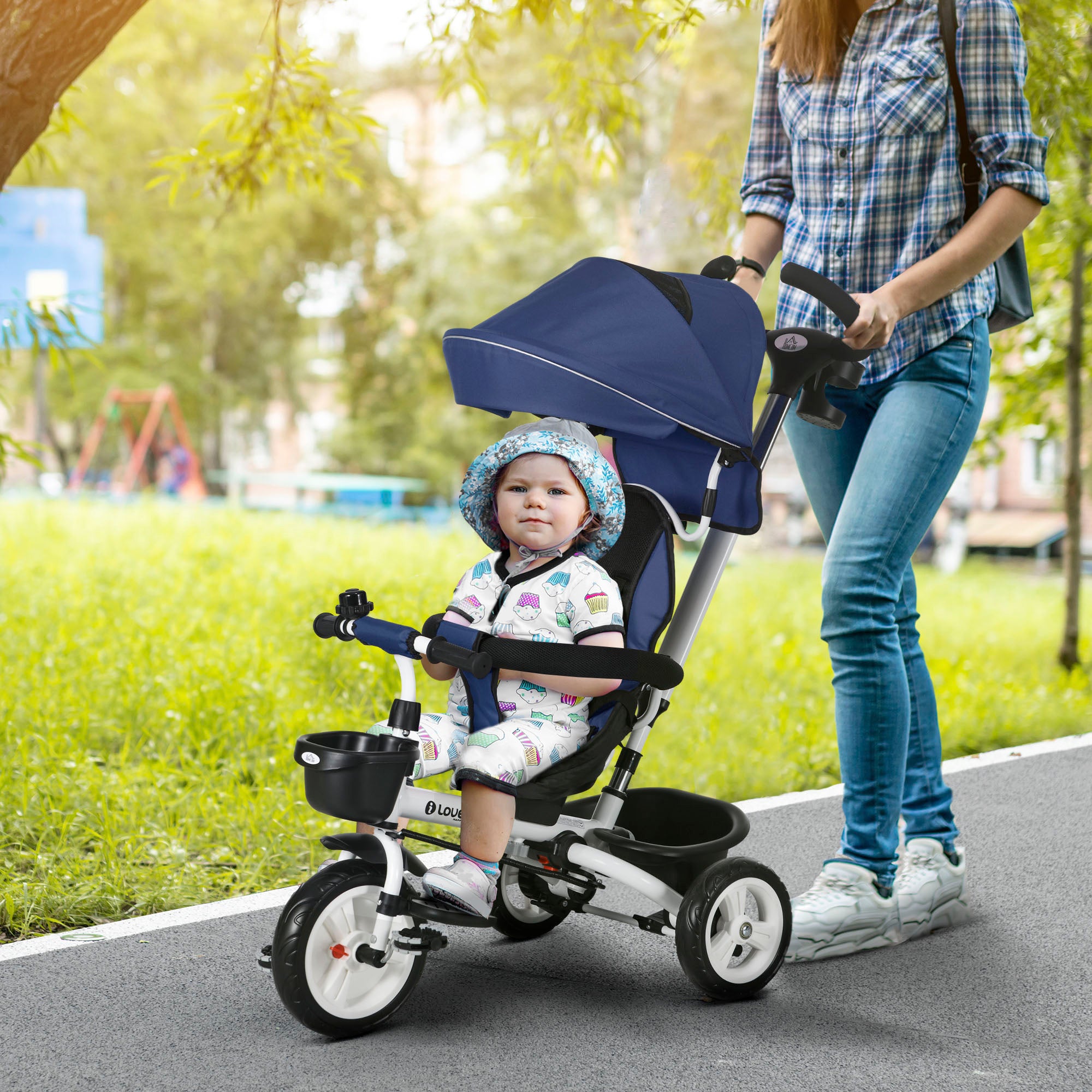 HOMCOM Metal Frame 6 in 1 Baby Push Tricycle with Parent Handle for 1-5 Years Old, Dark Blue - North Peak Garden Furniture