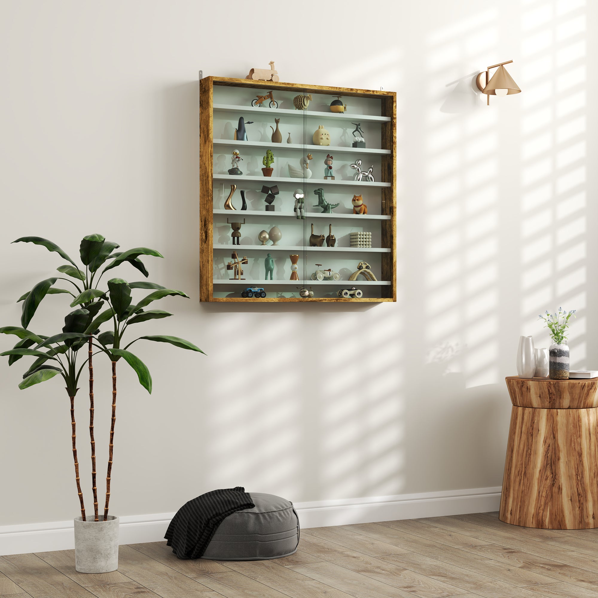 HOMCOM 7-Tier Wall Display Shelf Unit Cabinet w/ 6 Adjustable Shelves Glass Doors Home Office Ornaments 83x80cm, Rustic Brown - North Peak Garden Furniture