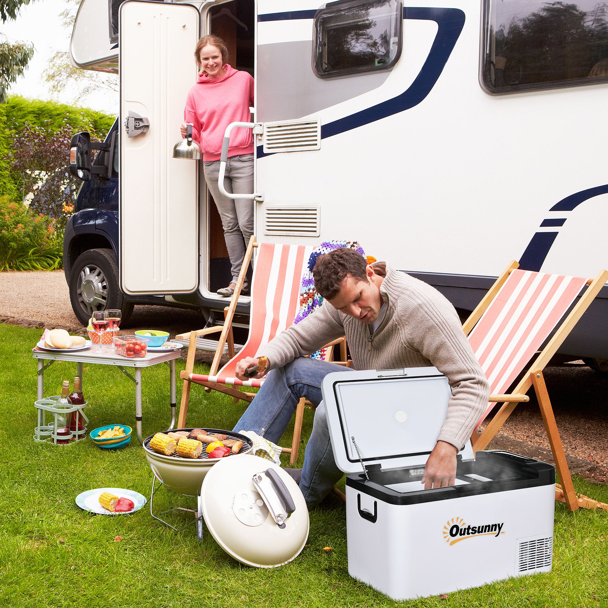 Outsunny 12V Car Refrigerator w/ LED Light & Foldable Handles, 25L Portable Compressor Cooler, Fridge Freezer with 12/24V DC and 110-240V AC for Campervan RV Boat Travel - North Peak Garden Furniture