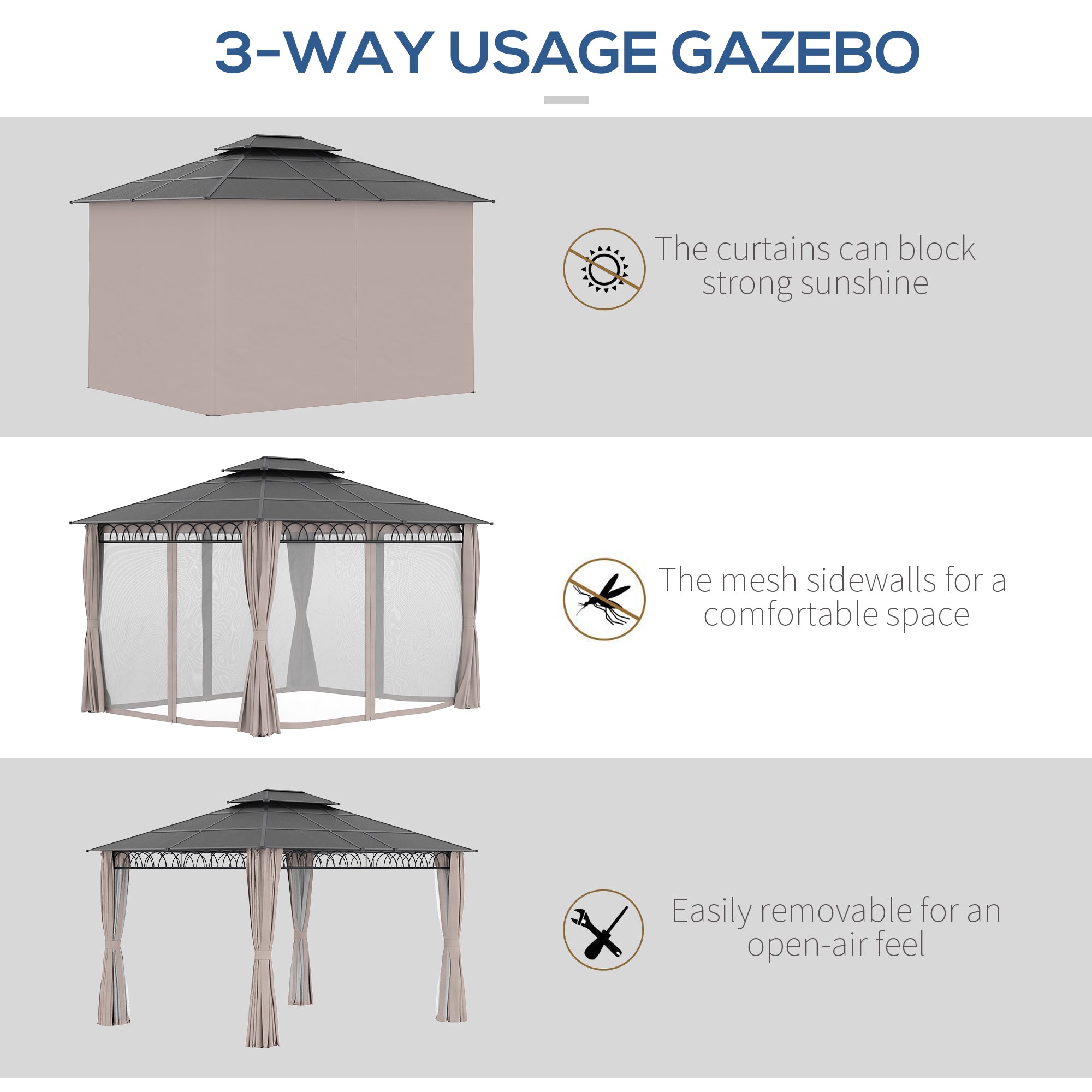 Outsunny 3.6 x 3 (m) Outdoor Polycarbonate Gazebo, Double Roof Hard Top Gazebo with Nettings & Curtains for Garden, Lawn, Patio - North Peak Garden Furniture