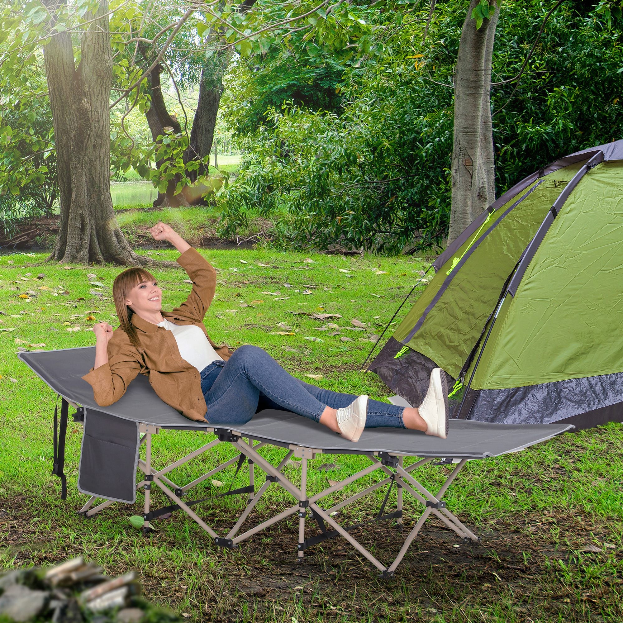 Outsunny Single Steel Frame Portable Camping Cot, with Carry Bag - Grey - North Peak Garden Furniture