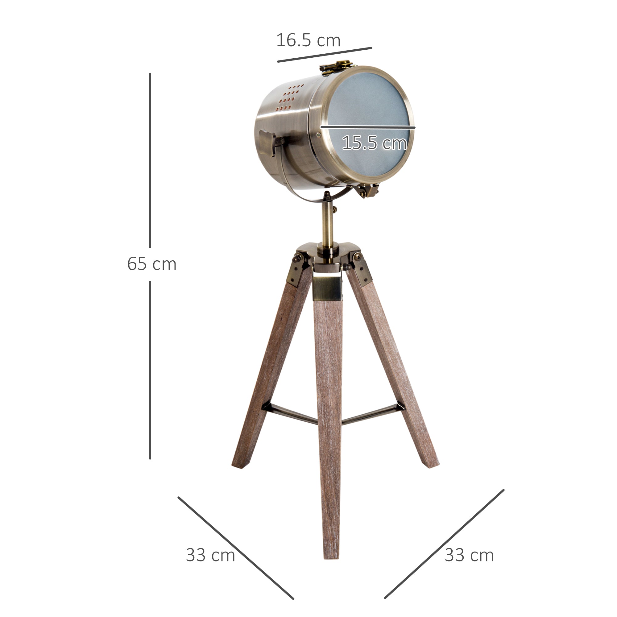 HOMCOM Vintage Tripod Table Desk Lamp Bedside Light Spotlight Brass Antique Searchlight Wooden Base - North Peak Garden Furniture