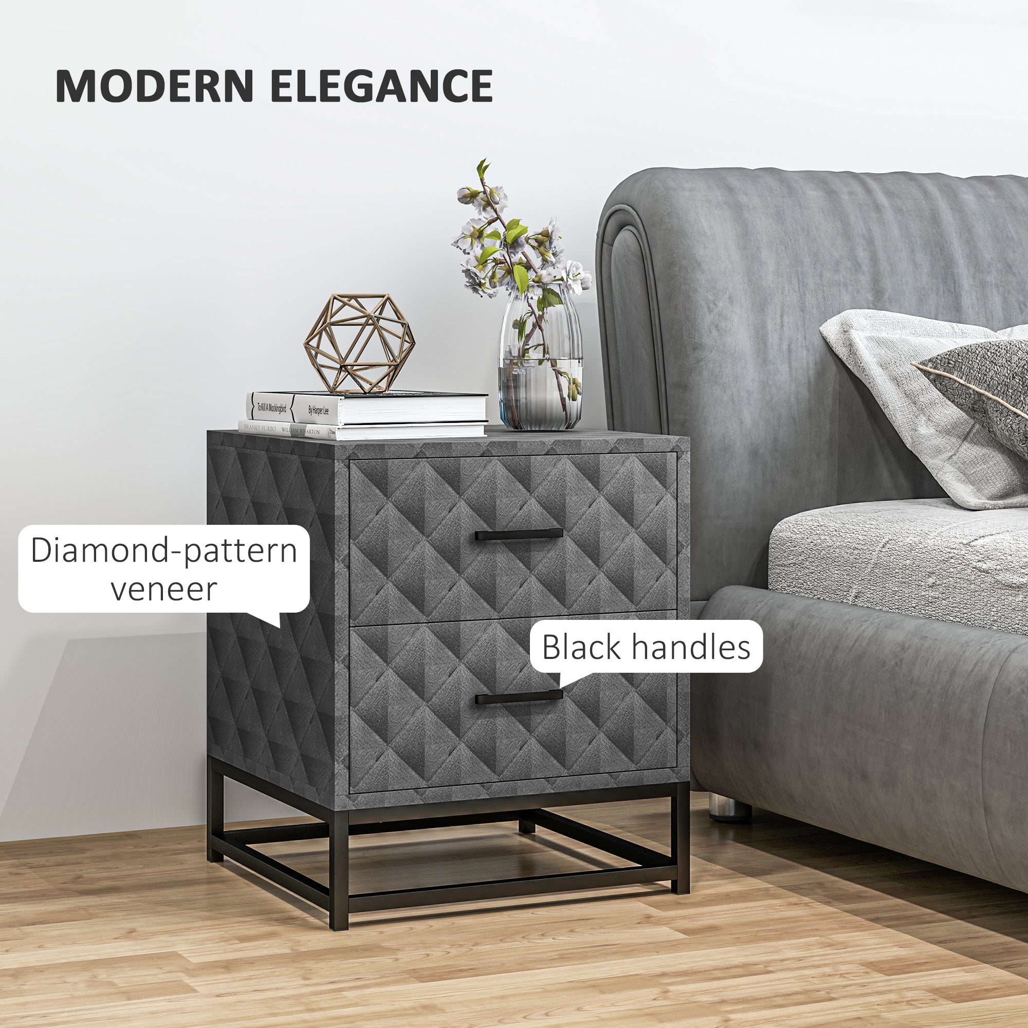 HOMCOM Bedside Tables Set of 2, Modern Bedside Table Nightstand with 2 Drawers, Bedside Cabinet Sofa Side Table with Storage, Steel Legs for Bedroom, Living Room, Grey - North Peak Garden Furniture