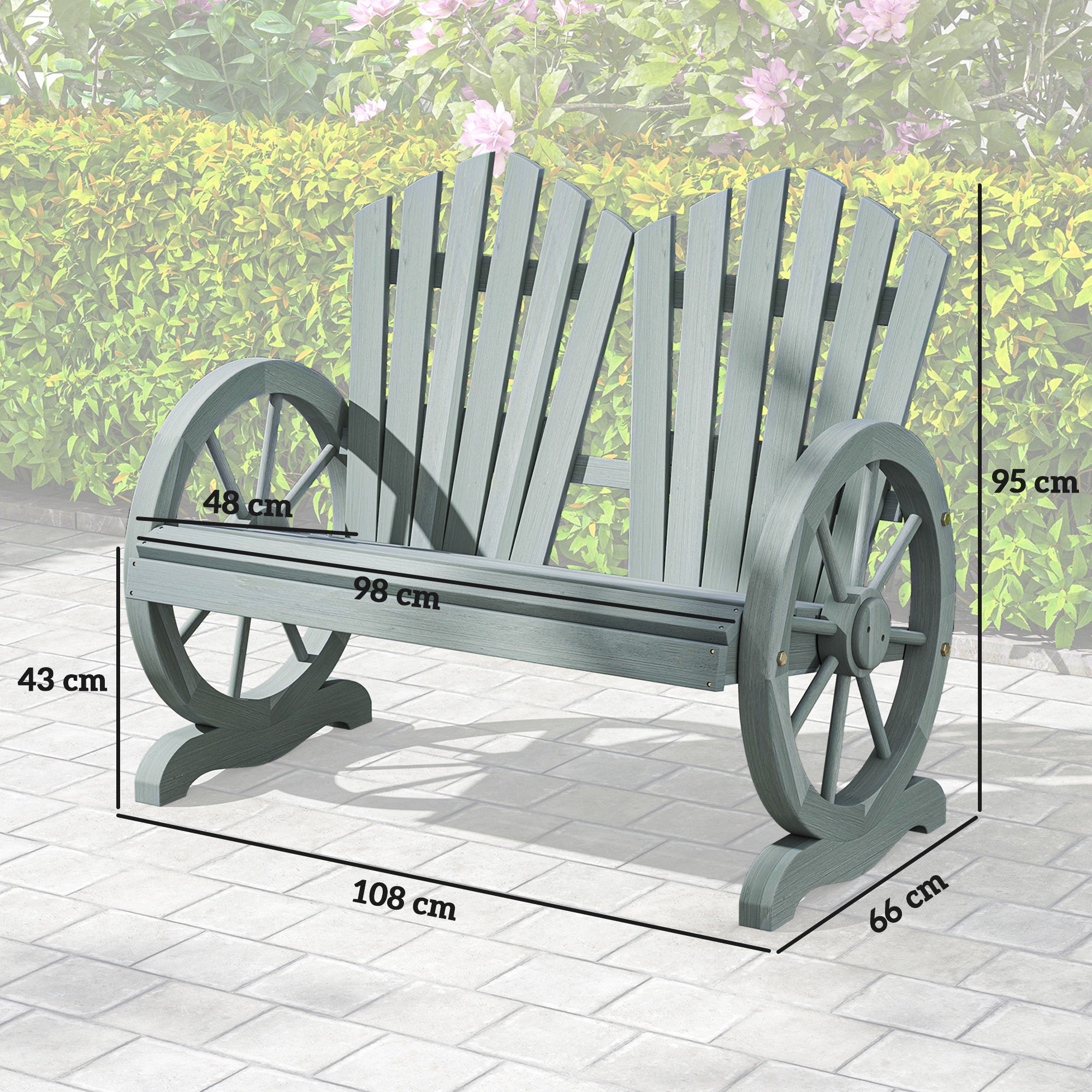 Outsunny Fir Wood Love Seats with Wheel-Shaped Armrests, Large Load-Bearing Chair, Grey - North Peak Garden Furniture