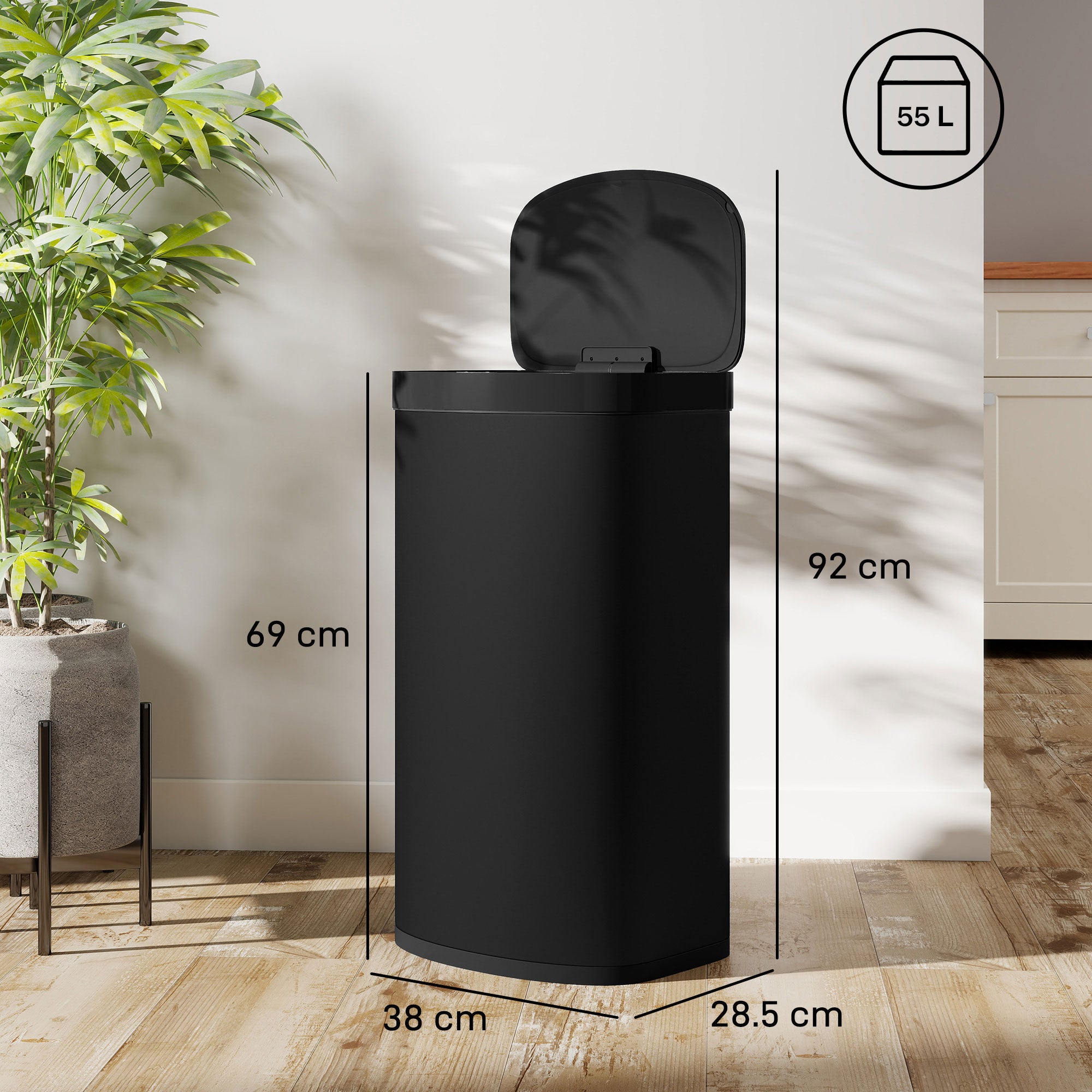 HOMCOM 55L Sensor Bin with Soft-Close Lid, Automatic Touchless Motion Sensor Kitchen Bin with Fingerprint Resistant Stainless Steel for Hygienic Gyms, Home Office Use, Black