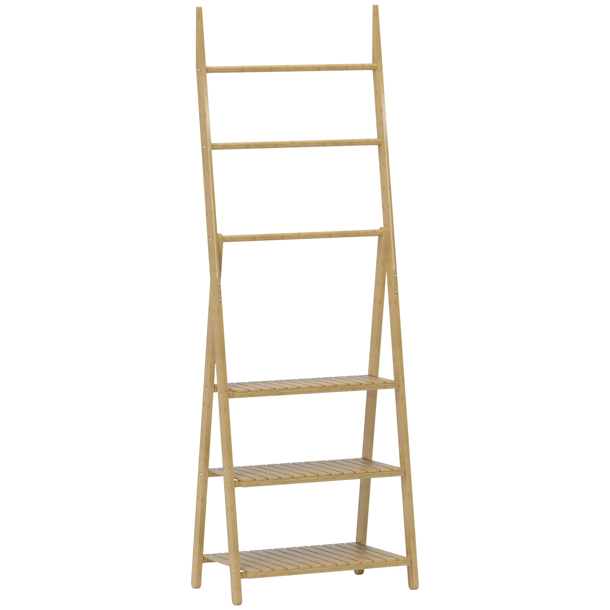HOMCOM Three-Shelf Bamboo Storage Unit, with Towel Racks - Natural Finish