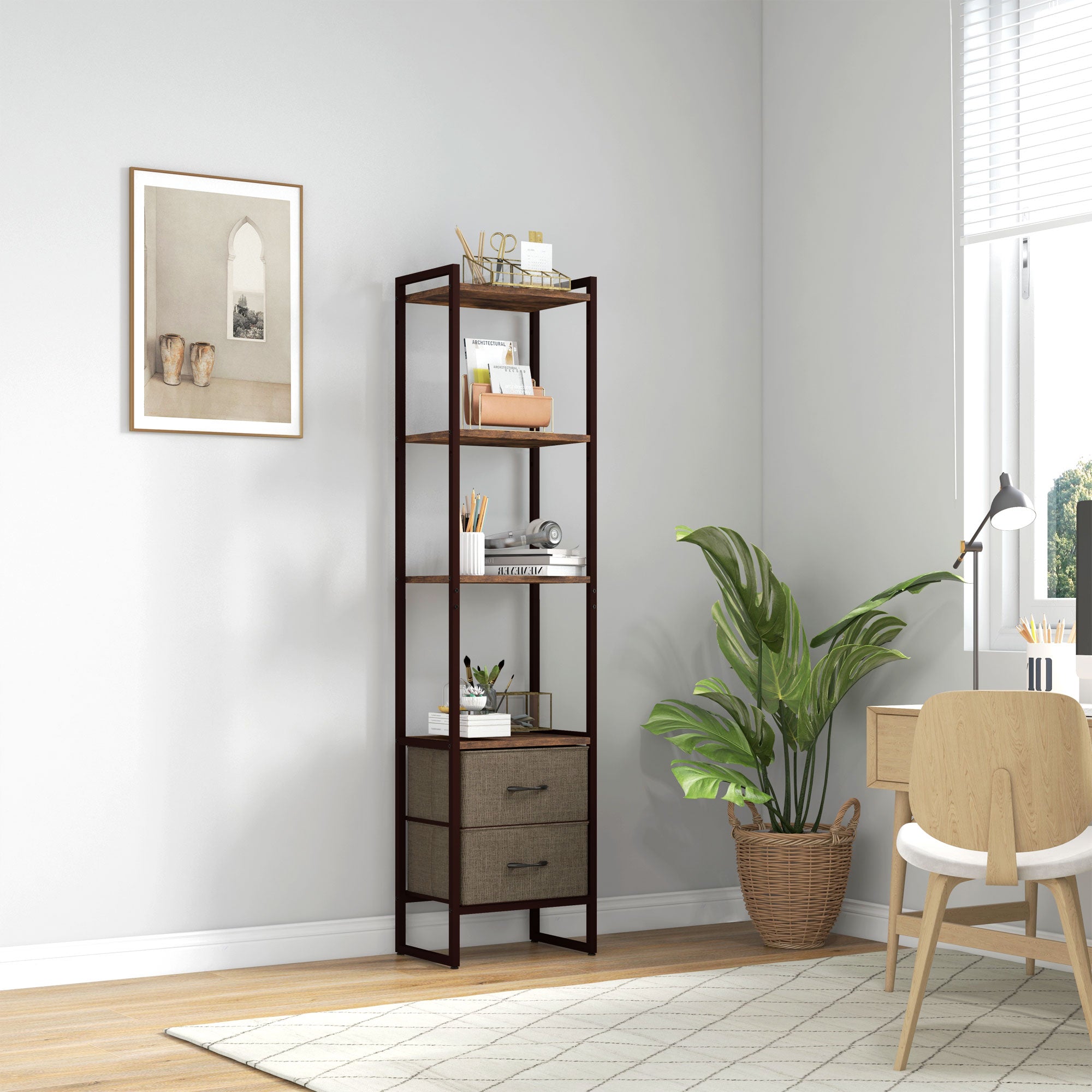 HOMCOM Four-Tier Industrial Display Shelf, with Bottom Drawers - North Peak Garden Furniture