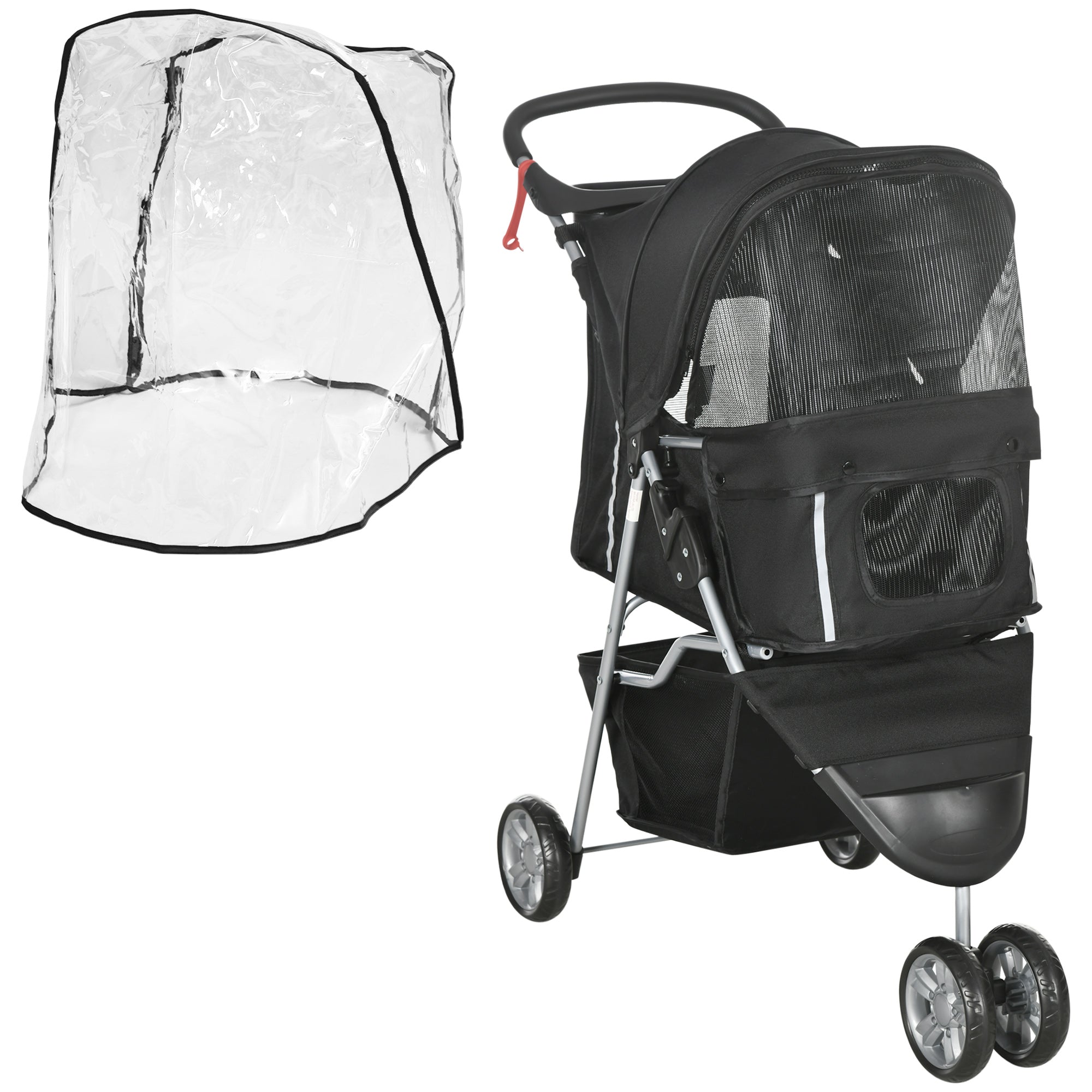 PawHut Pet Travel Stroller with Rain Cover, 3 Wheels Foldable Cat Dog Pushchair with Storage Basket and Cupholder for Small Miniature Dogs(Black) - North Peak Garden Furniture