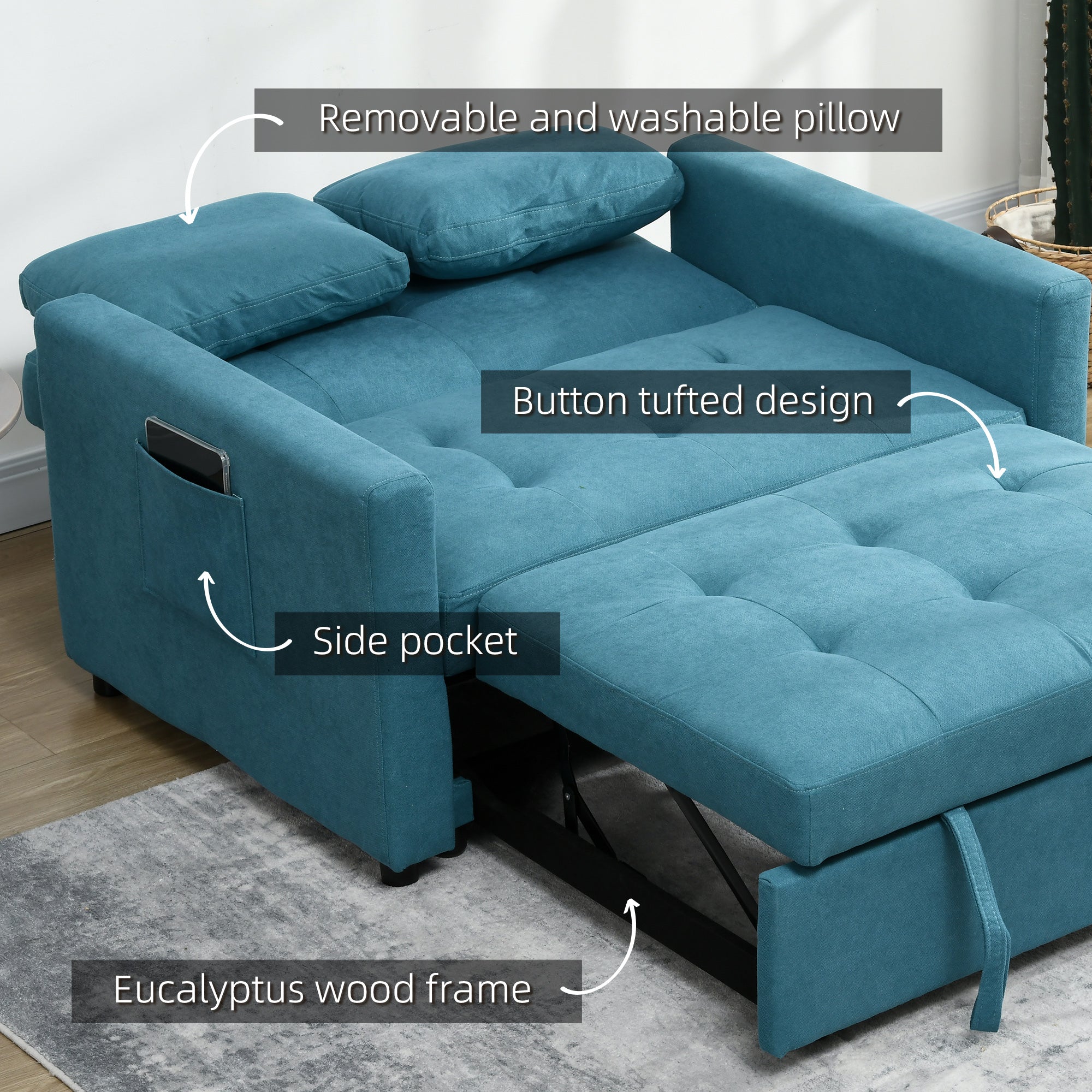 HOMCOM Loveseat Sofa Bed, Convertible Bed Settee with 2 Cushions, Side Pockets for Living Room, Blue - North Peak Garden Furniture