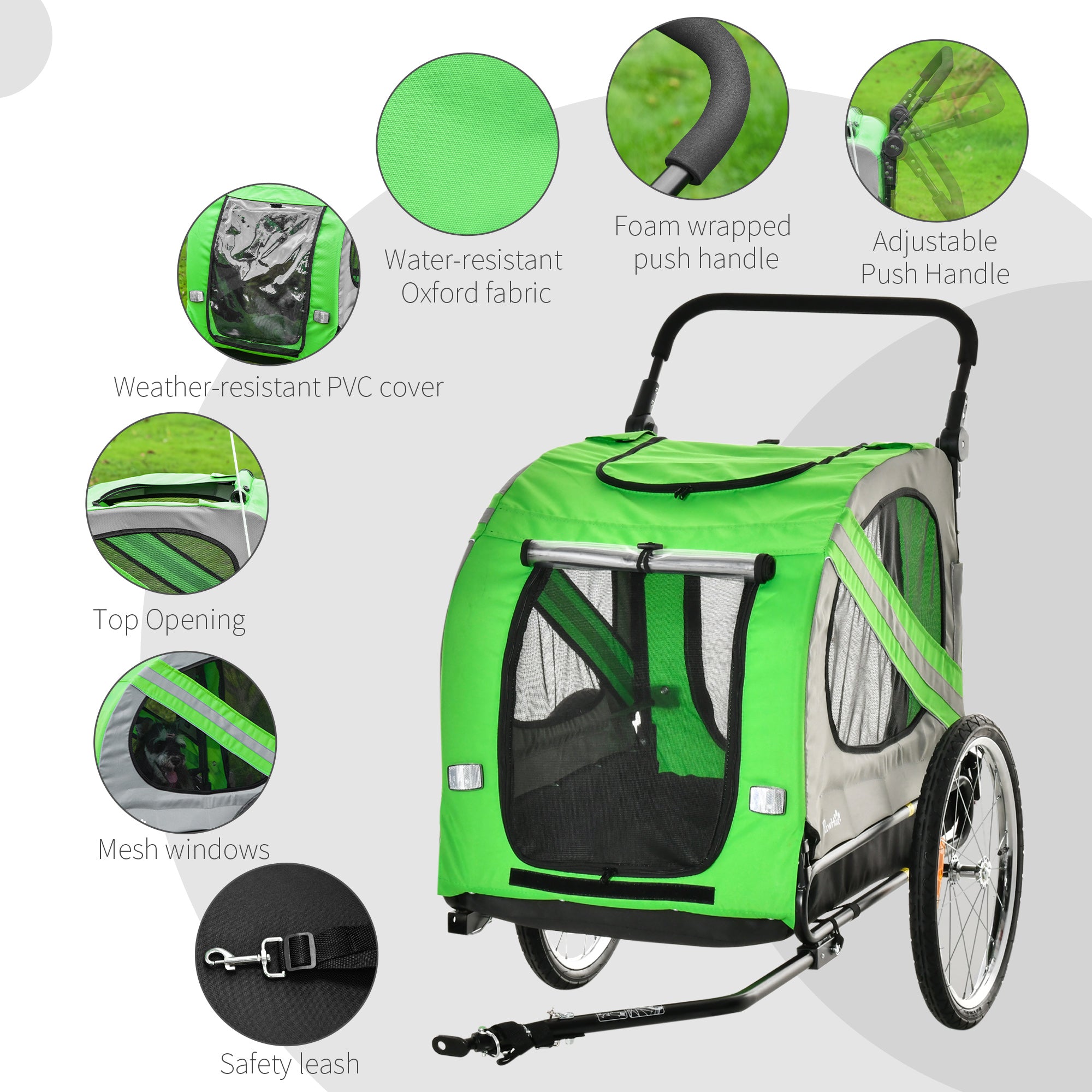 PawHut 2-In-1 Dog Bike Trailer Pet Stroller Pushchair with Universal Wheel Reflector Flag Green