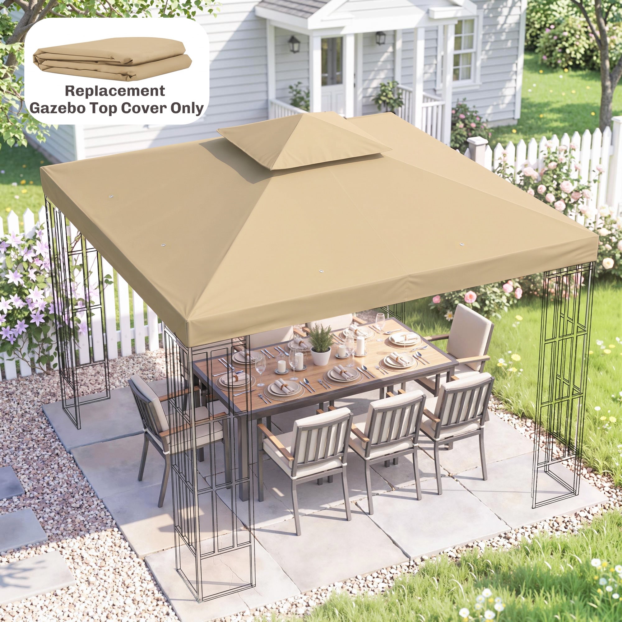 Outsunny 3(m) Gazebo Top Cover Double Tier Canopy Replacement Pavilion Roof Deep Beige