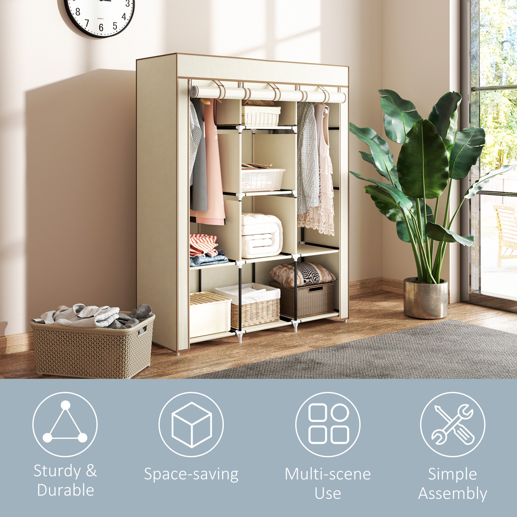 HOMCOM Fabric Wardrobe, Portable Wardrobe, Clothes Storage Unit with 8 Shelves, 2 Hanging Rods, 125 x 43 x 162.5 cm, Cream White - North Peak Garden Furniture