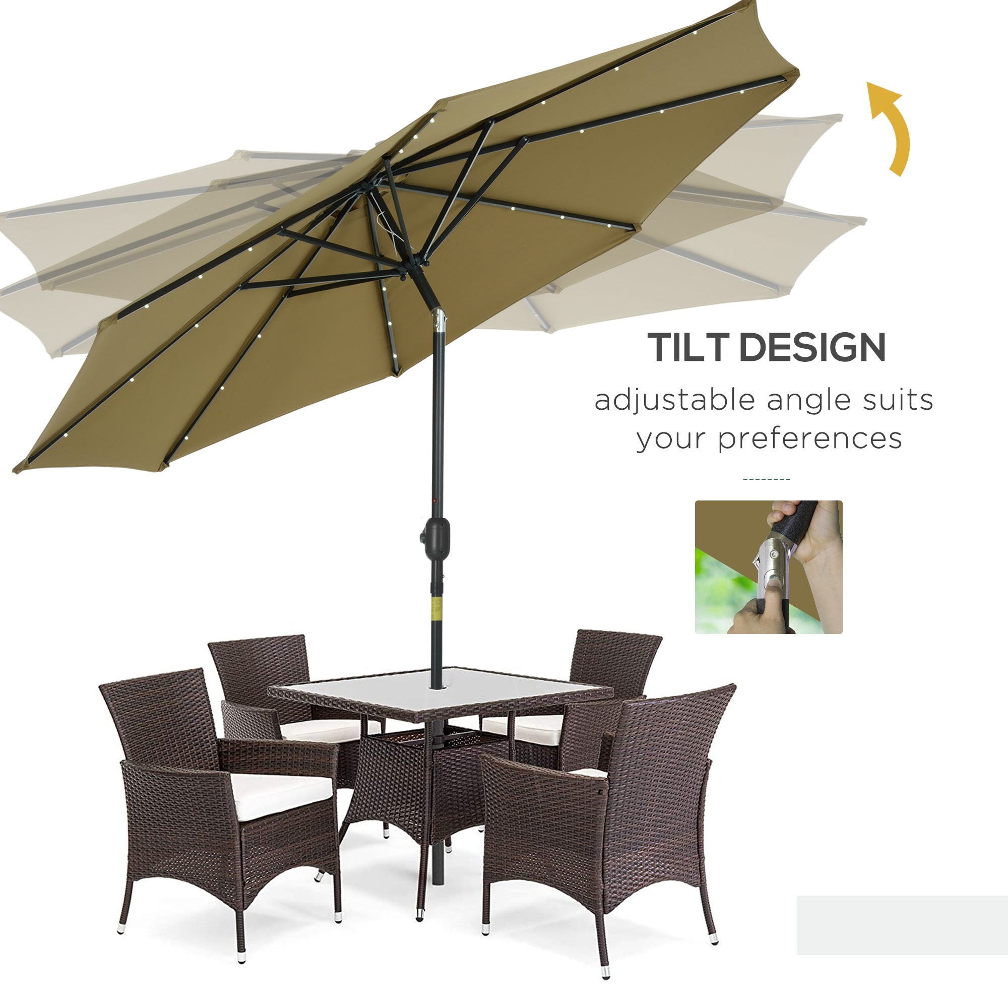 Outsunny 2.7m Patio Garden Umbrella Outdoor Parasol with Tilt Crank and 24 LEDs Lights (Brown) - North Peak Garden Furniture