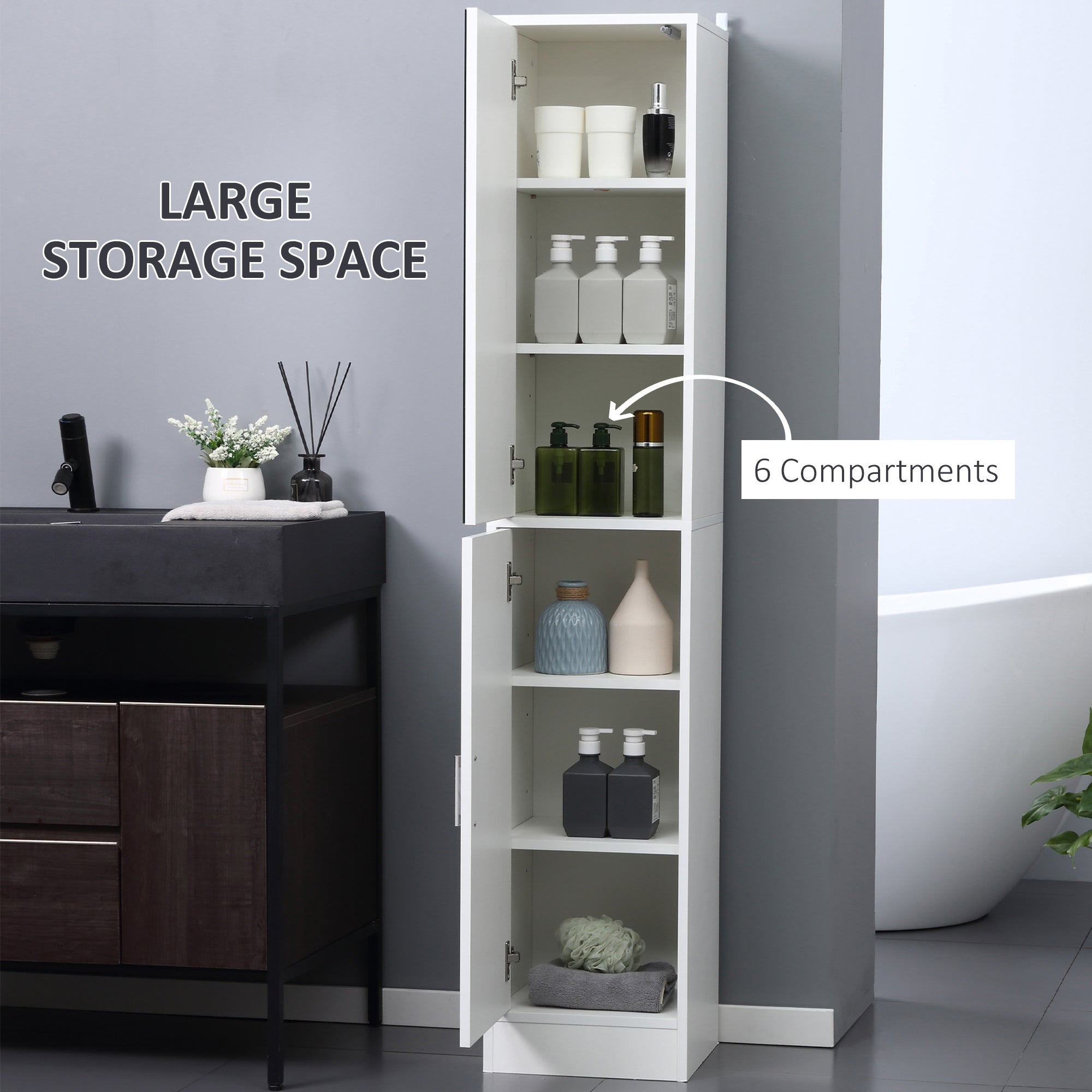 kleankin Tall Mirrored Bathroom Cabinet, Bathroom Storage Cupboard, Floor Standing Tallboy Unit with Adjustable Shelf, White