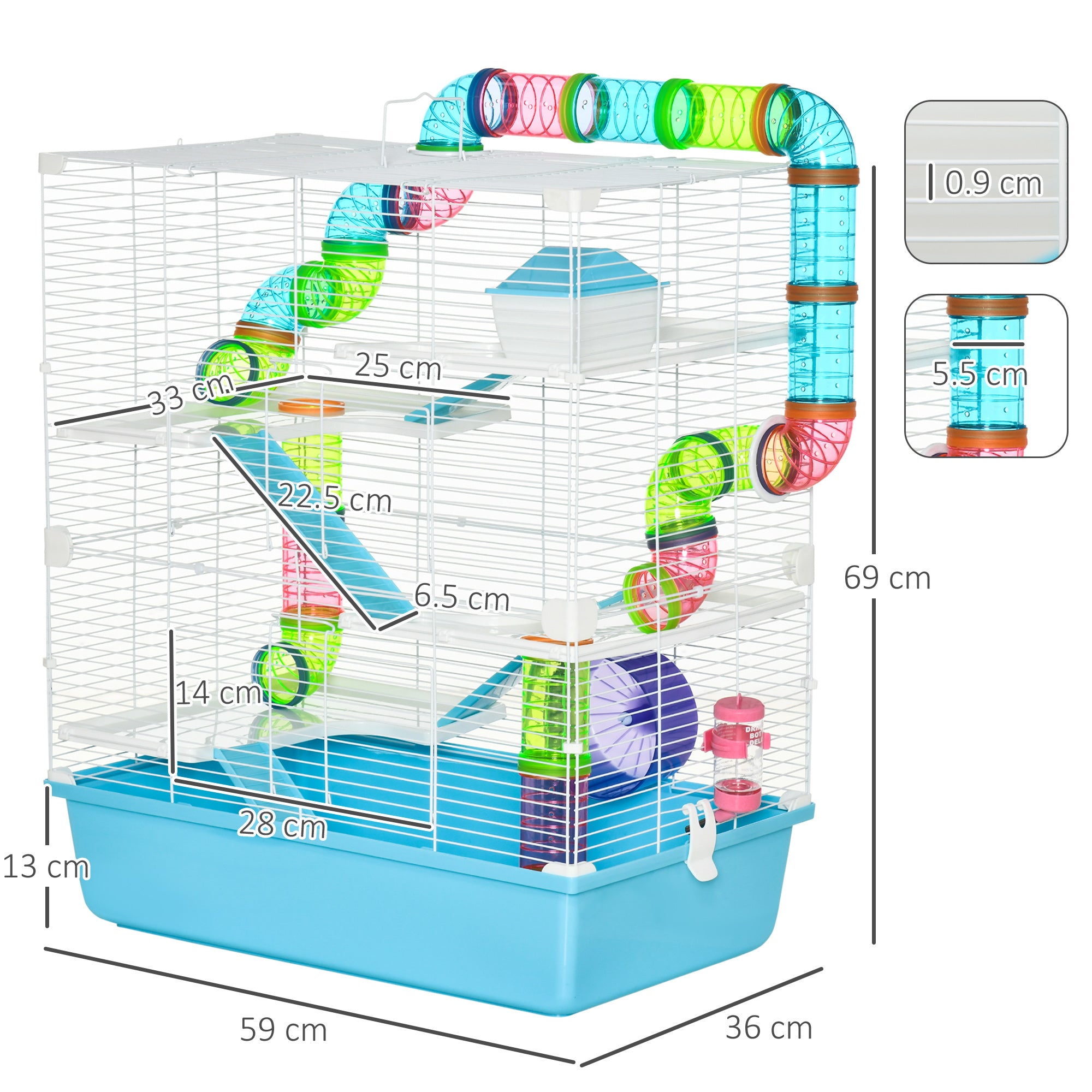 PawHut Hamster Cage w/ Water Bottle, Exercise Wheel, Tubes, Ramps - Light Blue - North Peak Garden Furniture