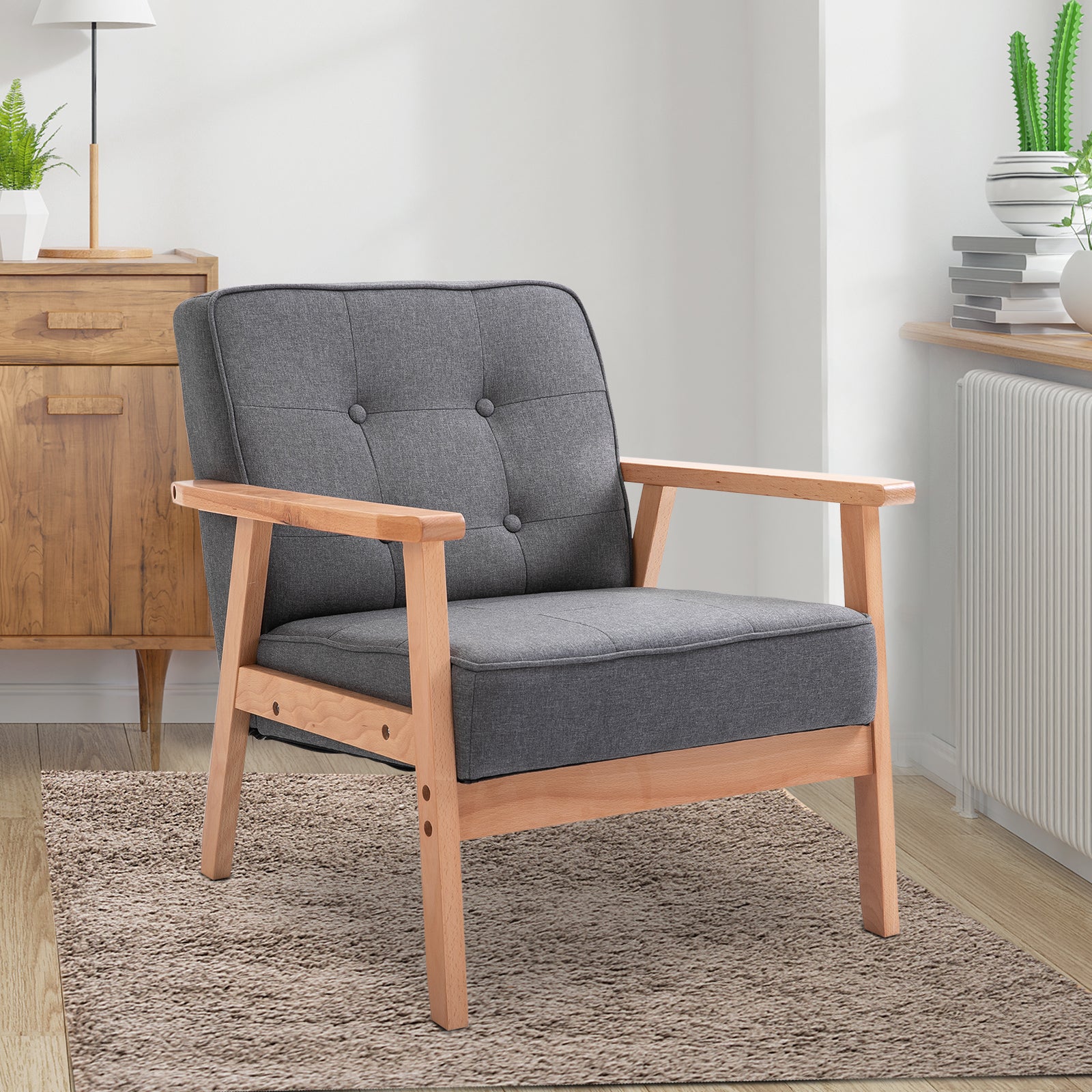 HOMCOM Minimalistic Wooden Frame Accent Chair, with Padded Seat - Dark Grey - North Peak Garden Furniture