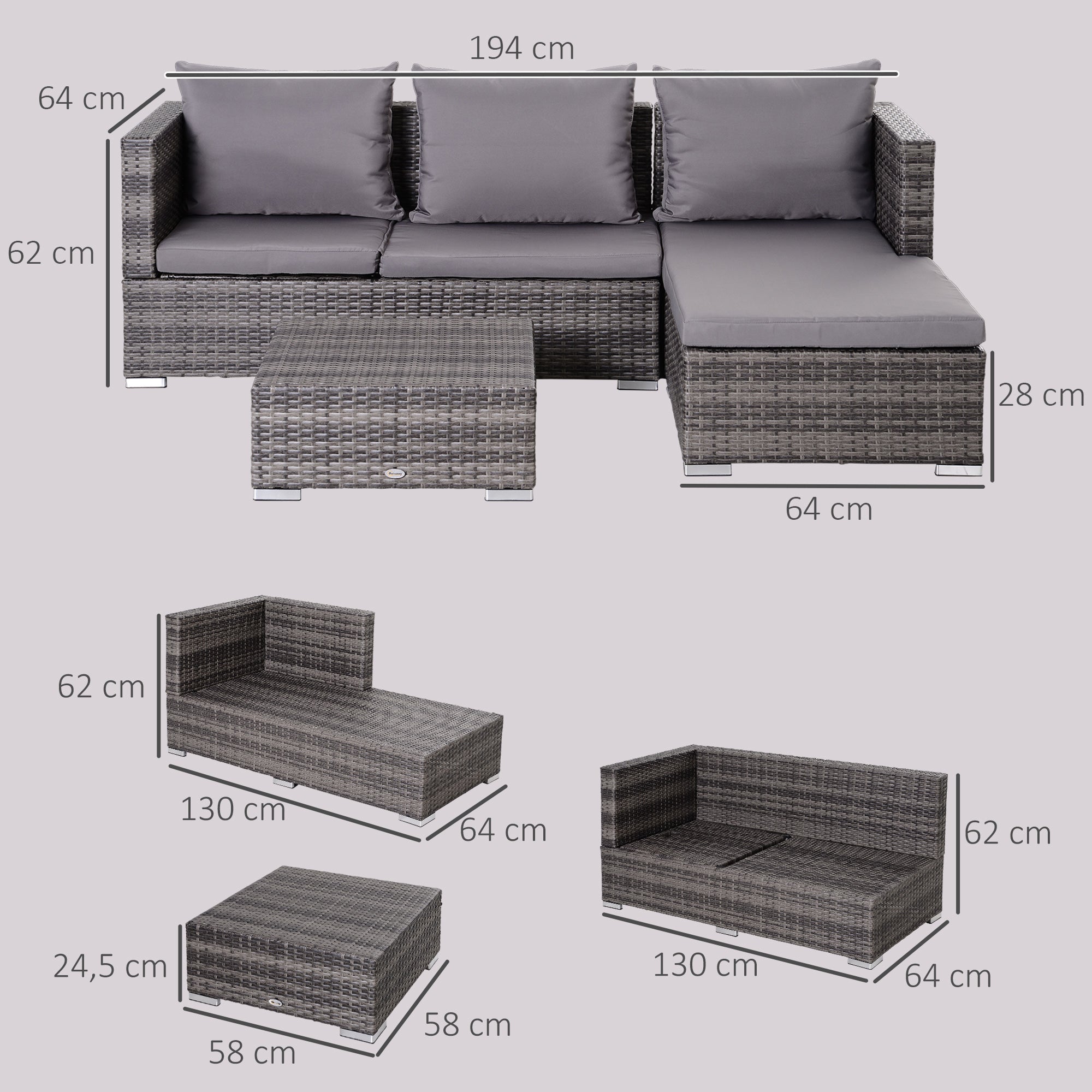 Outsunny 3PC Rattan Garden Furniture Storage Sofa Set 4 Seater Wicker Coffee Table Conservatory Sun Lounger Reclining Set Outdoor Weave with Cushion Grey