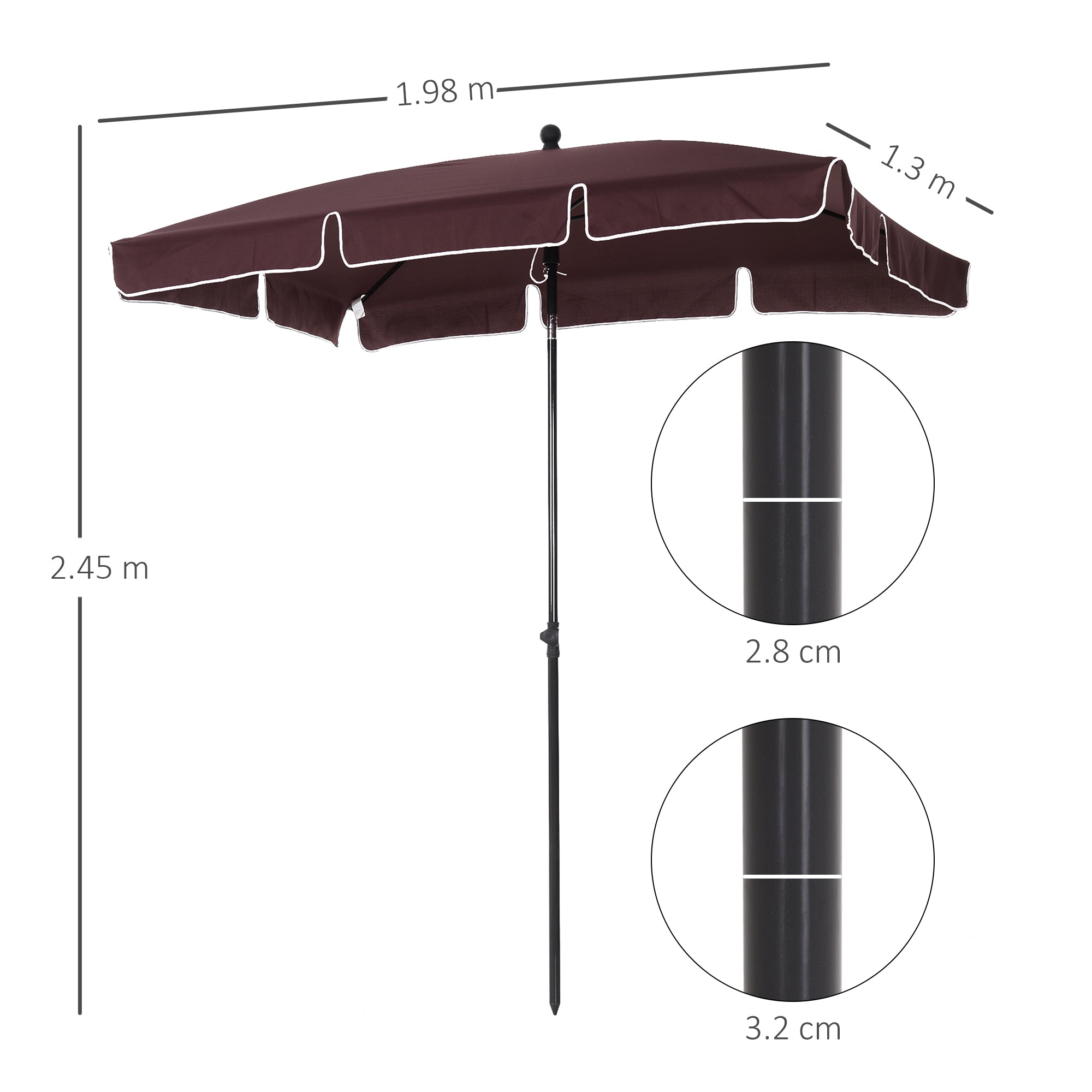 Outsunny Garden Parasol Umbrella, Outdoor Market Table Umbrella with Ruffles & Aluminium Pole, Rectangular Tilting Parasol Sun Shade Canopy, 2 x 1.3m, Brown - North Peak Garden Furniture