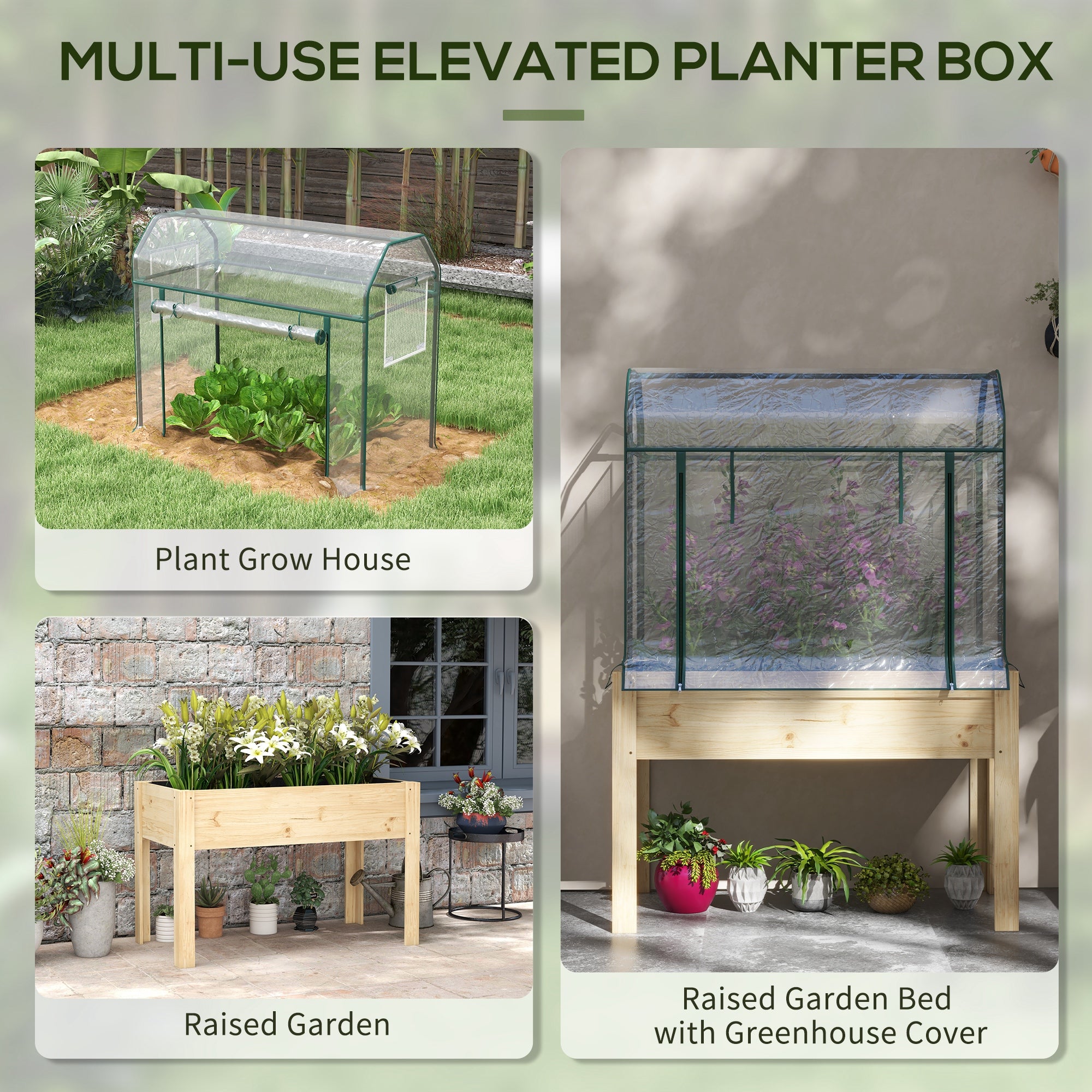Outsunny Wooden Planter Box with Greenhouse Cover and Bed Liner, Raised Garden Bed for Vegetables, Flowers, Herbs - North Peak Garden Furniture